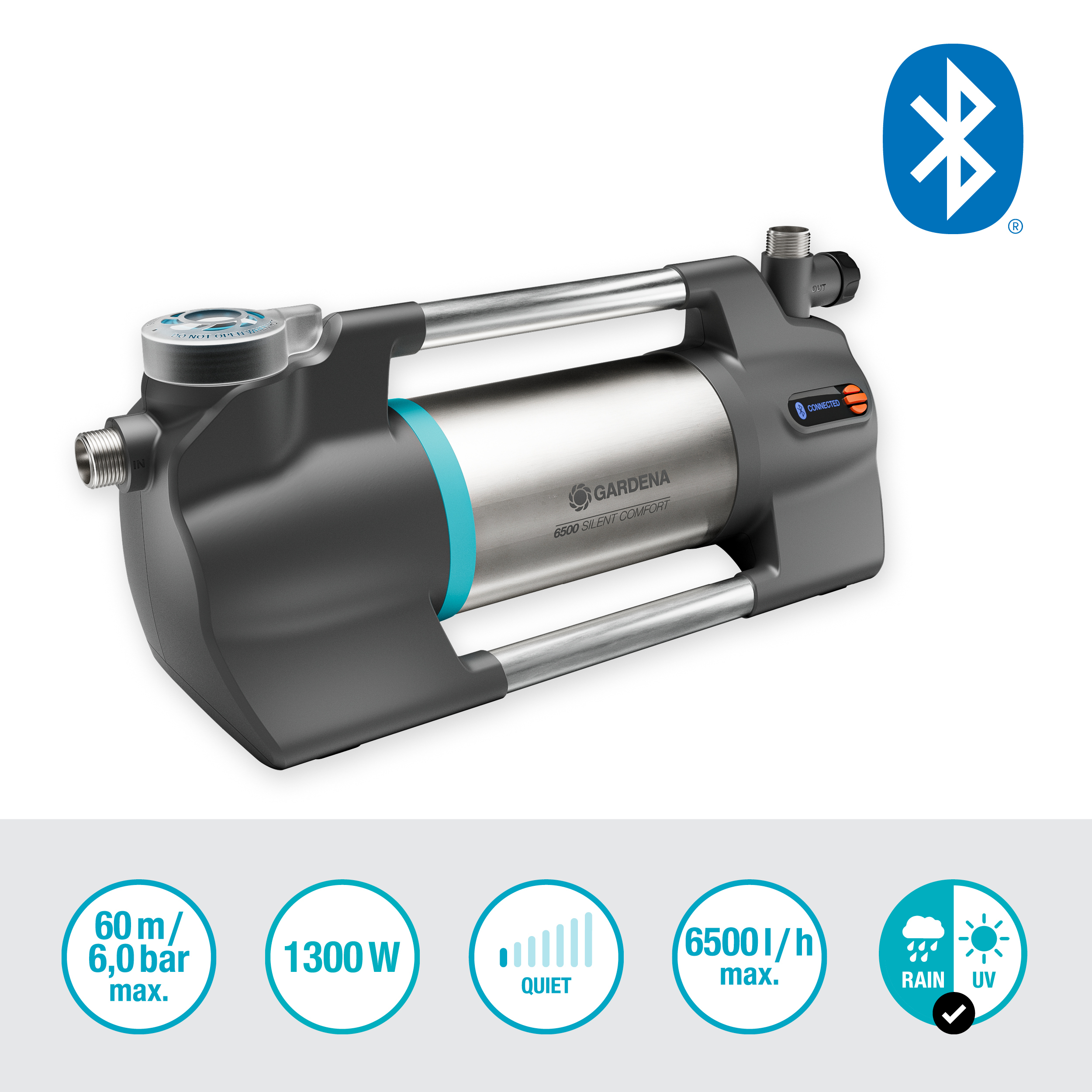 Pompa wodna, szara i srebrna, na białym tle. Wyświetlany jest symbol Bluetooth.