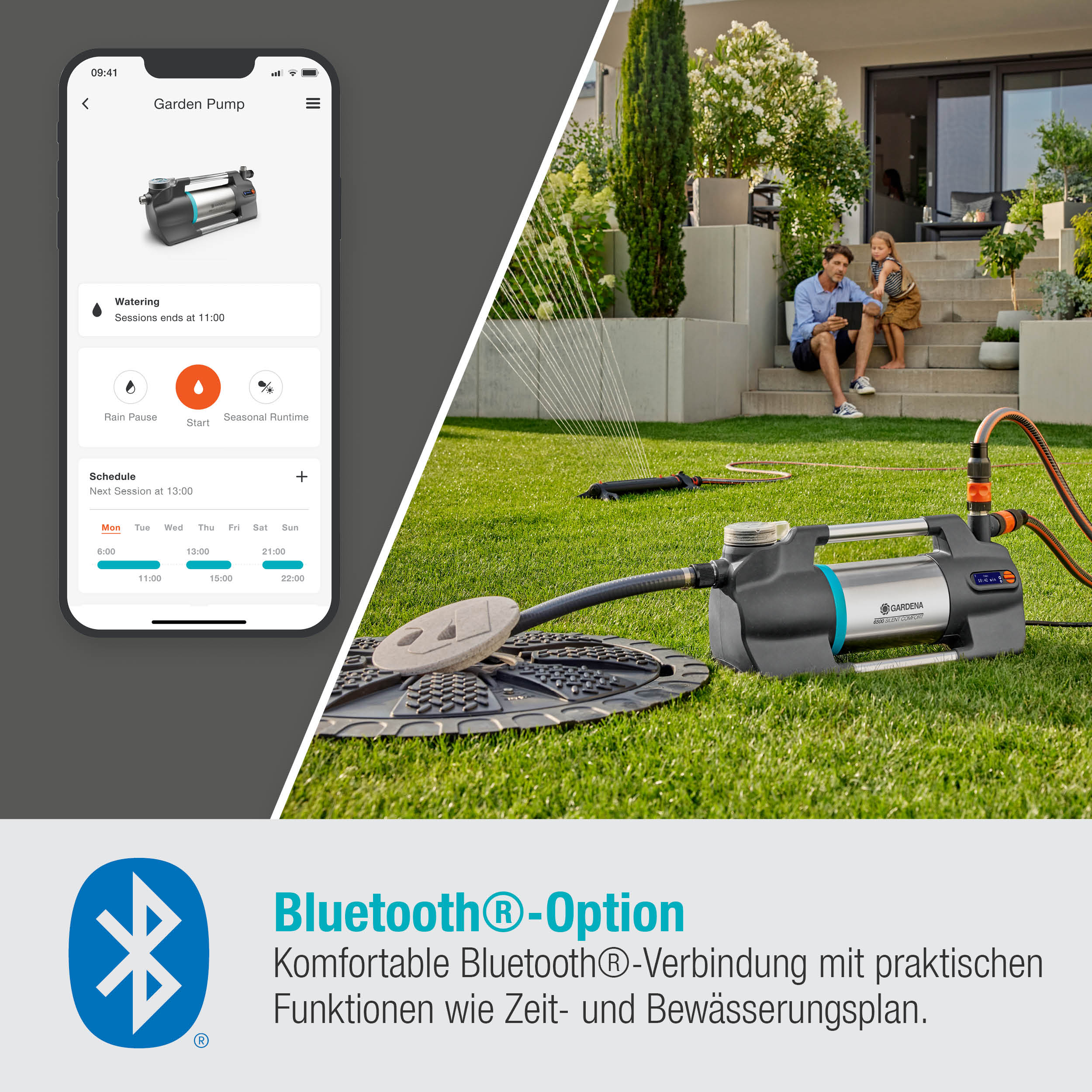 Pompa wodna z ekranem telefonu komórkowego pokazującym aplikację. Mężczyzna i dziecko w tle.