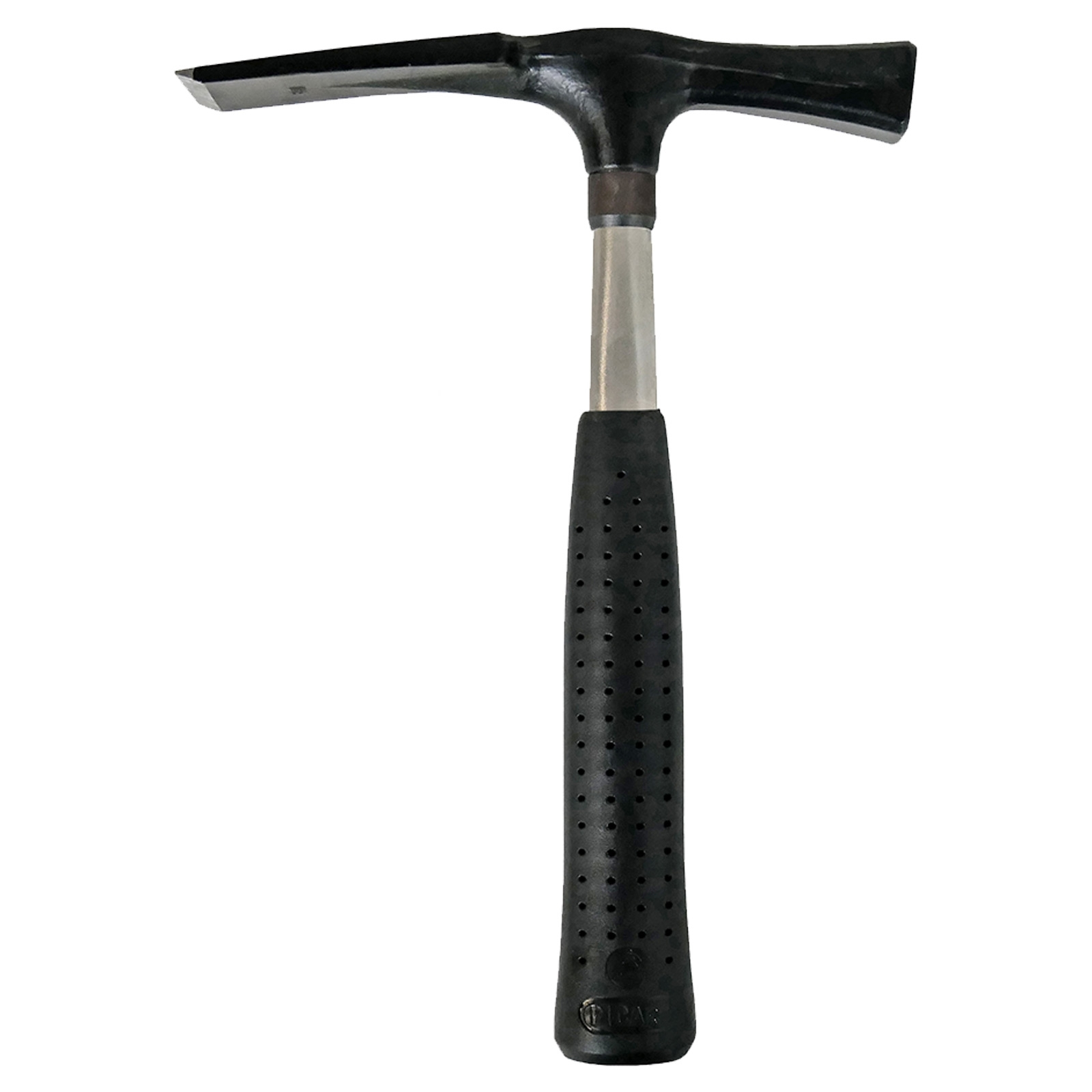 Czarny i srebrny młotek geologiczny, z dłutem na jednym końcu i płaską powierzchnią uderzeniową na drugim, na białym tle.