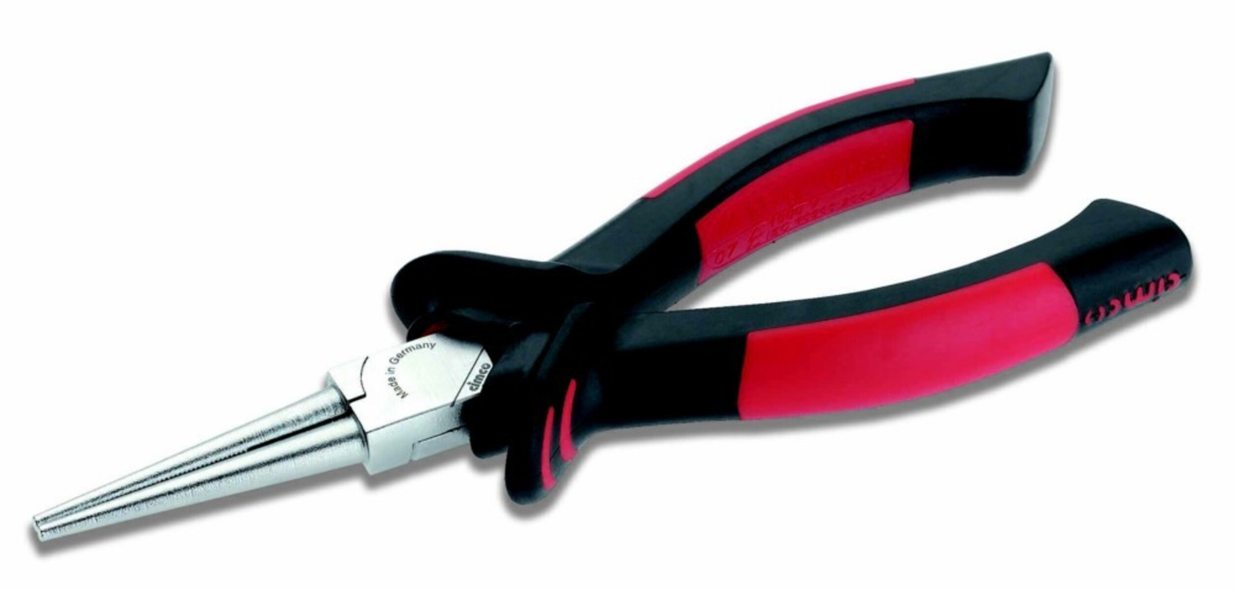 Szczypce płaskie z czerwonymi rączkami. Widoczny srebrny metal i czarne uchwyty.