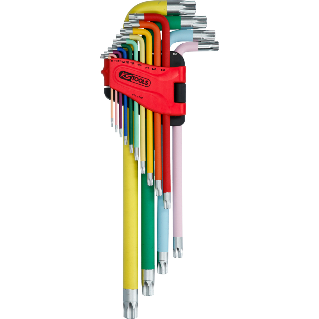 Satz sternförmiger Innensechskantschlüssel mit farbigen Griffen in rotem Halter. 'KS TOOLS'.