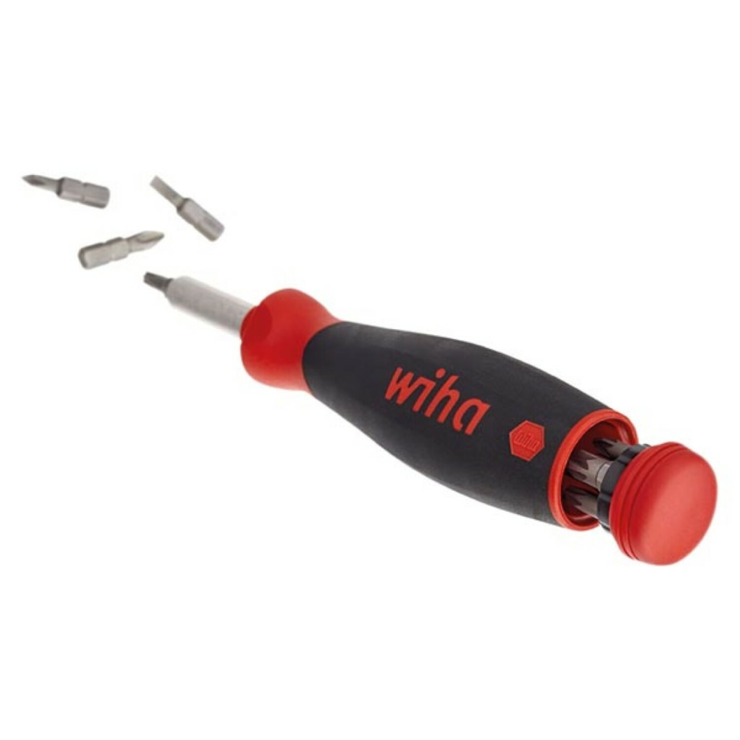 Czerwono-czarny śrubokręt Wiha z wieloma bitami i czerwoną nasadką, bity spadają.