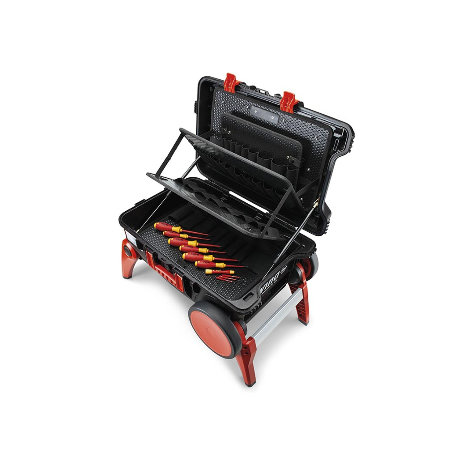 Caja de herramientas negra abierta con detalles rojos. Herramientas dispuestas dentro, incluidos destornilladores con mangos amarillos y rojos.