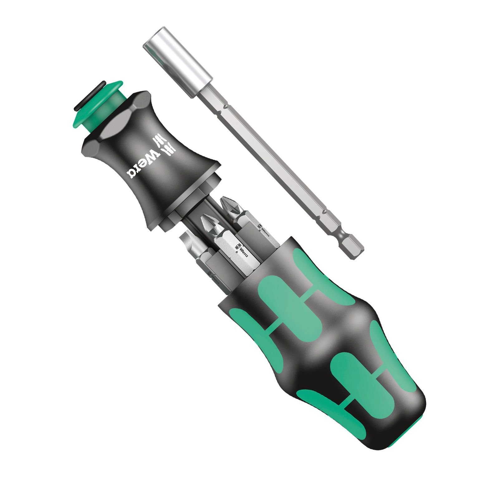 Czarno-zielony zestaw wkrętaków z wieloma bitami. Bity w czarno-zielonym uchwycie.