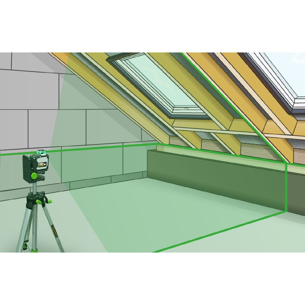 Illustration d'un niveau laser projetant des lignes vertes dans une pièce. Murs, plafond et fenêtre visibles.