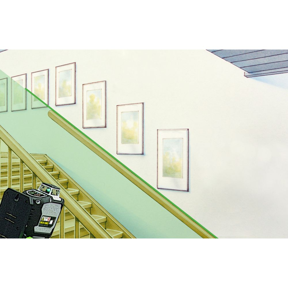 Illustration d'un niveau laser avec ligne verte sur escaliers et images au mur.