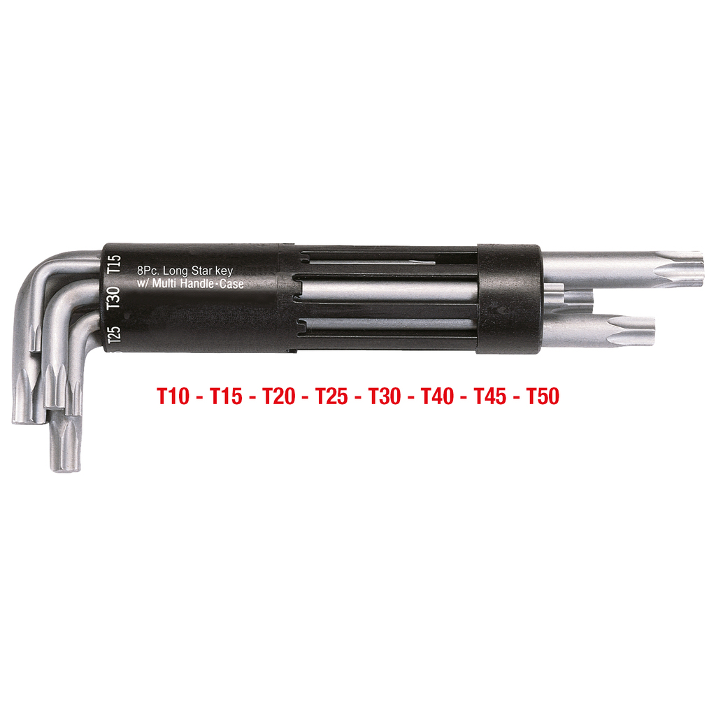 Satz Sternschlüssel in einem Halter. Metallische Schlüssel mit schwarzem Griff. Text T10-T50.