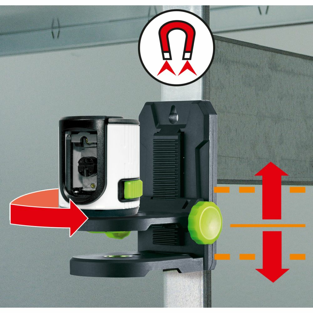 Livella laser su un palo di metallo. Frecce rosse indicano la direzione del laser. Schema di colore verde e nero.