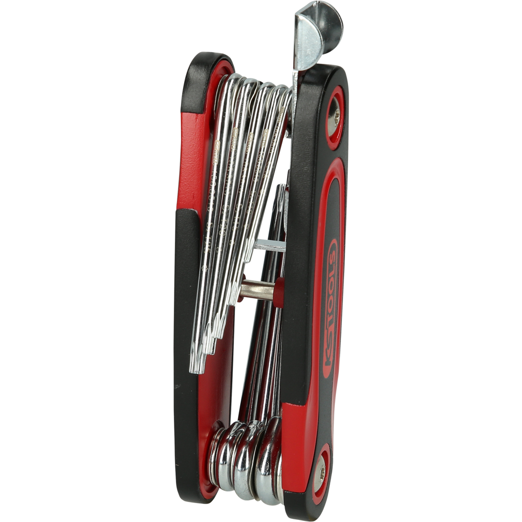 Gefaltetes rotes und schwarzes Multitool mit mehreren Torx-Schlüsseln. Marke KS Tools, weißer Hintergrund.