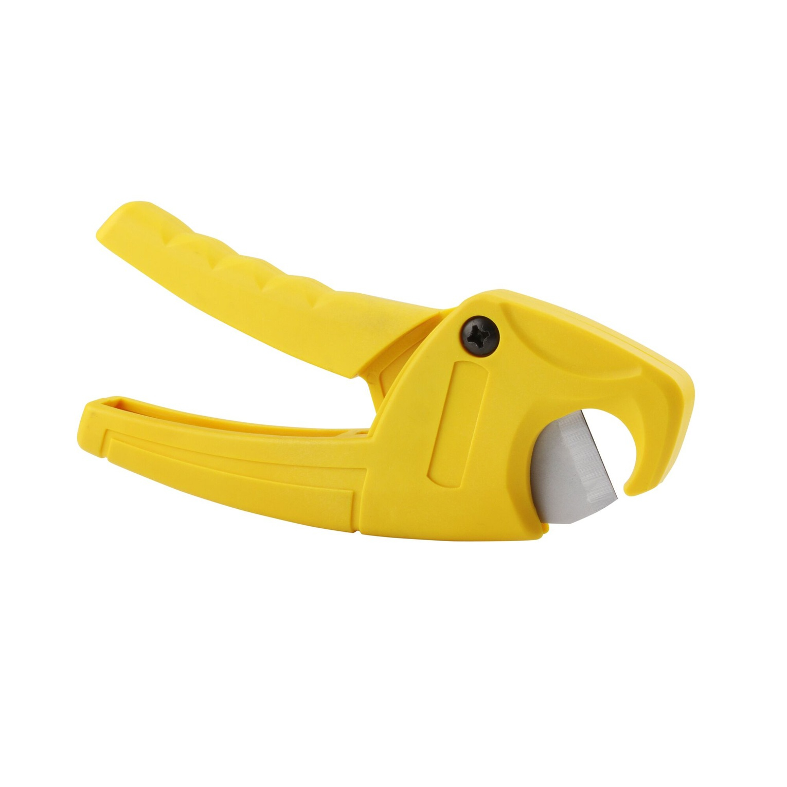 Un cortador de tuberías de plástico amarillo se muestra abierto, con una cuchilla, fondo blanco.