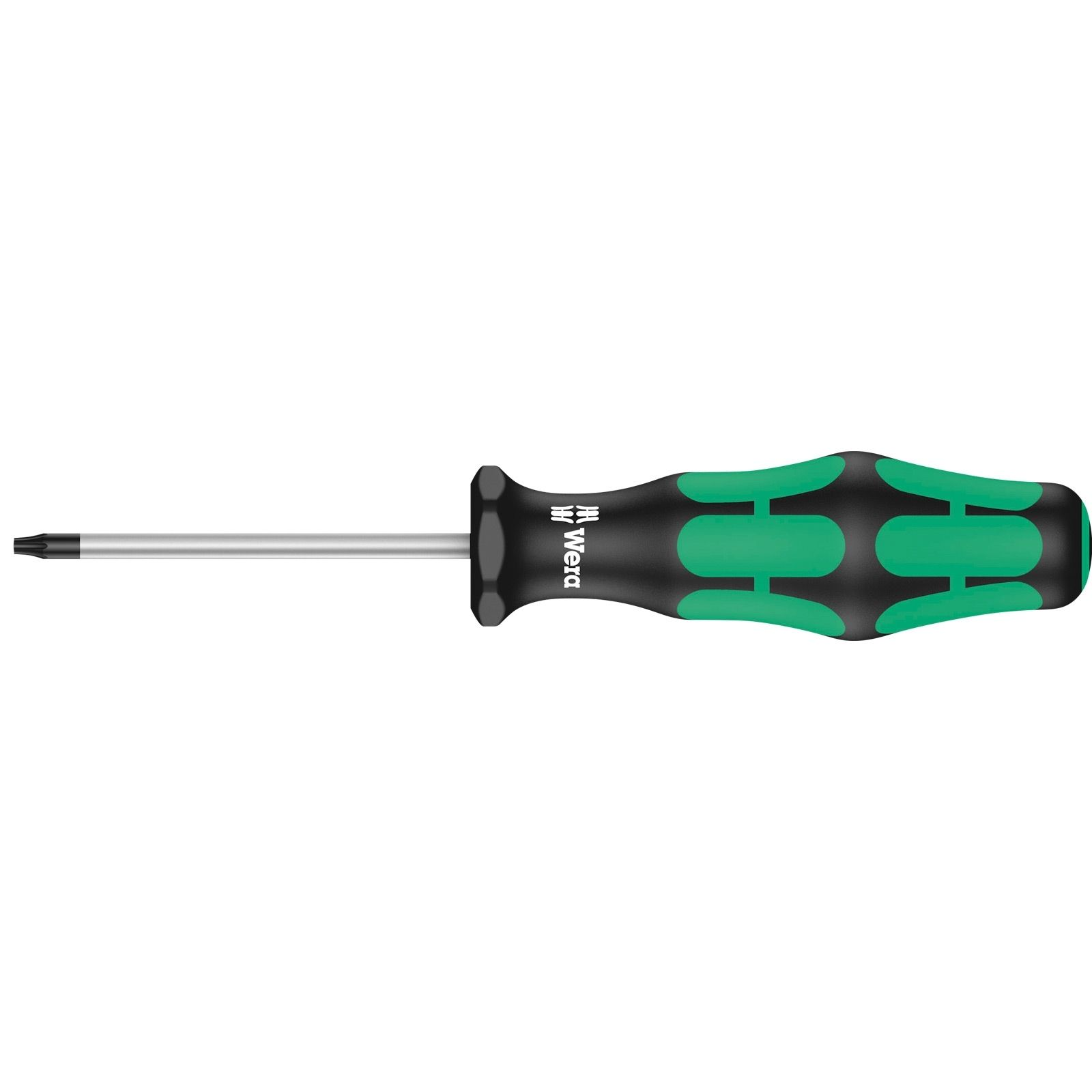 Ein Wera Torx-Schraubendreher mit einem schwarz-grünen Griff. Die Klinge ist silberfarben und erstreckt sich nach links.