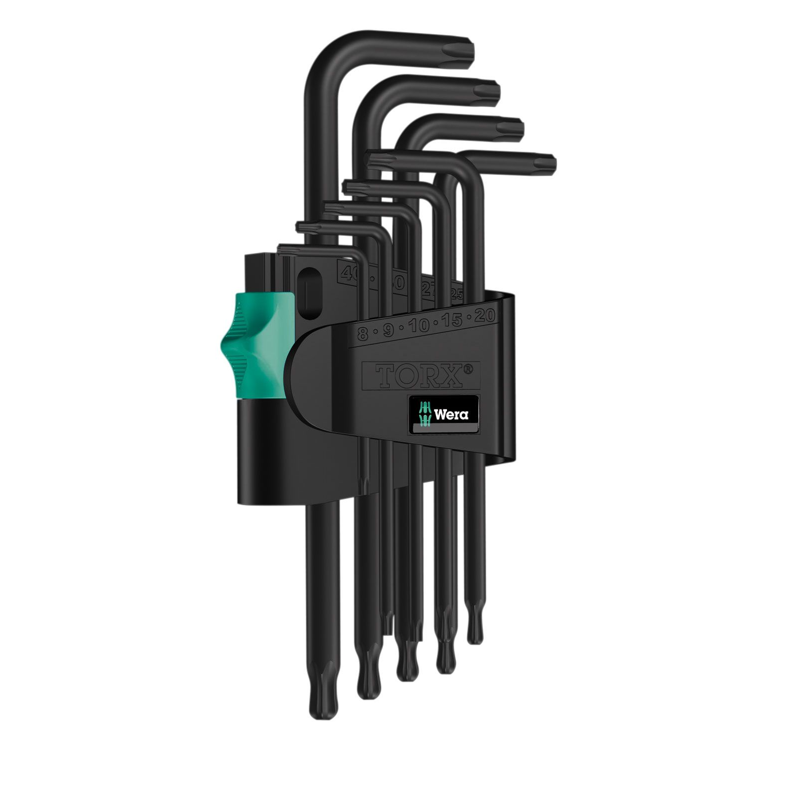 Un juego de llaves Torx negras en un soporte negro, con una palanca verde.