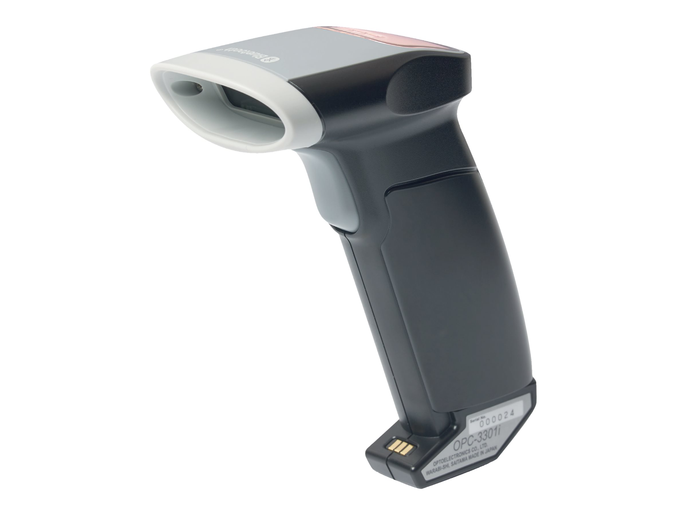 Uno scanner di codici a barre nero e grigio, angolato verso sinistra, isolato su sfondo bianco.