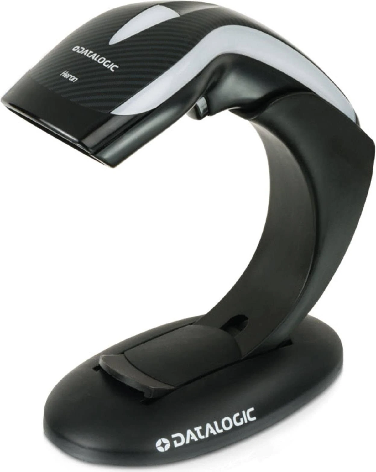 Scanner di codici a barre bianco e nero su supporto con design curvo.