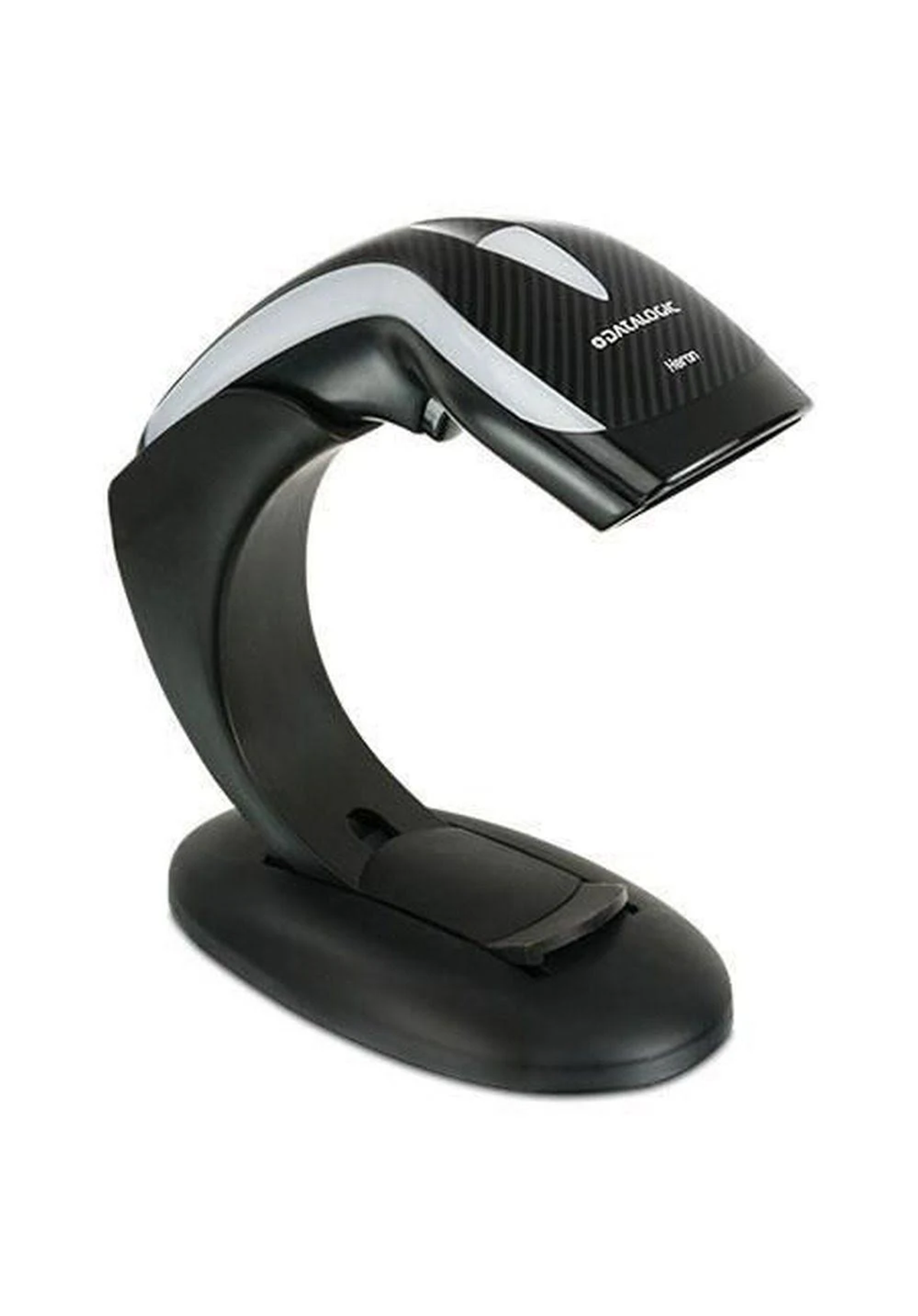 Scanner di codici a barre Heron nero su un supporto. Su sfondo bianco.
