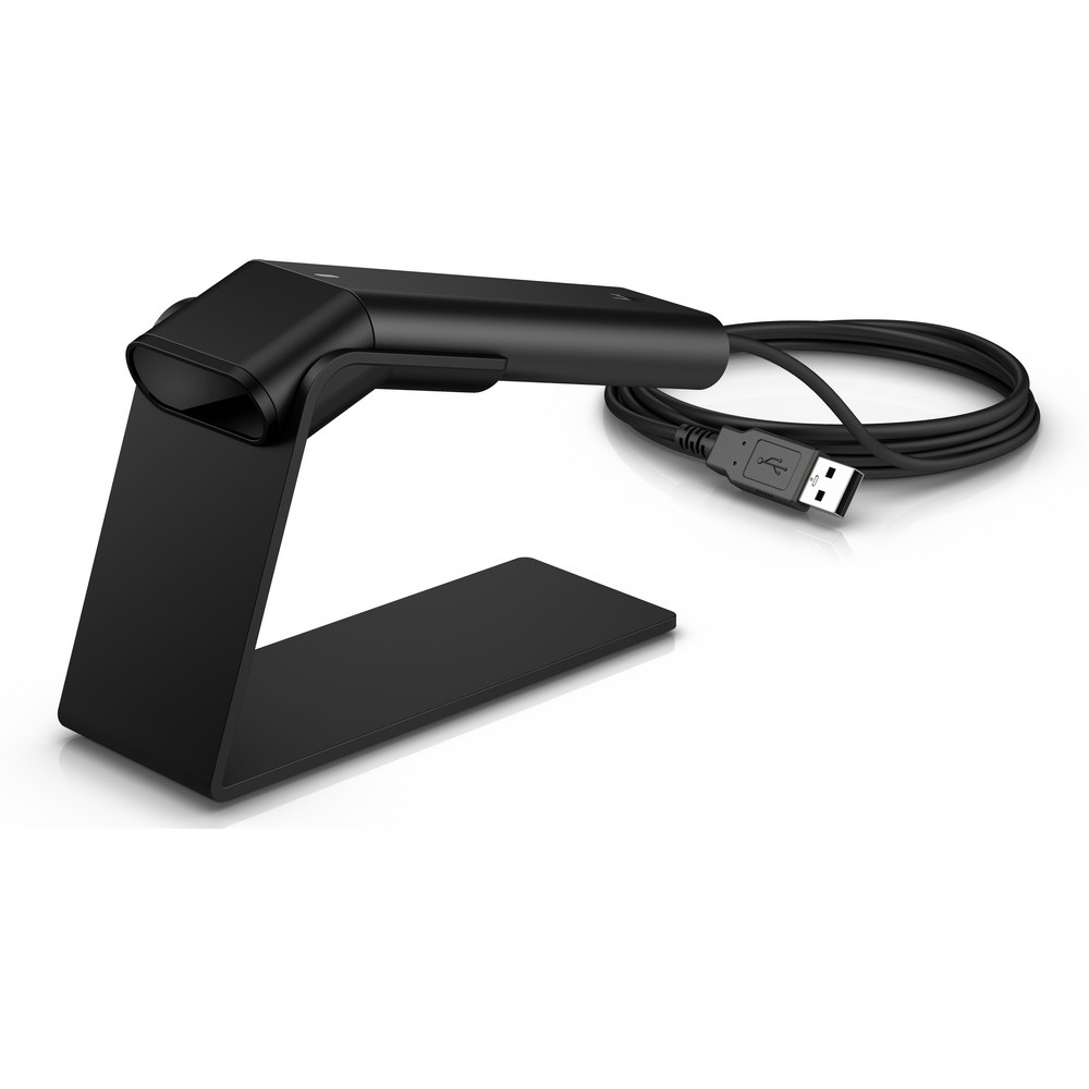 Scanner di codici a barre nero su un supporto nero, con un cavo USB collegato.