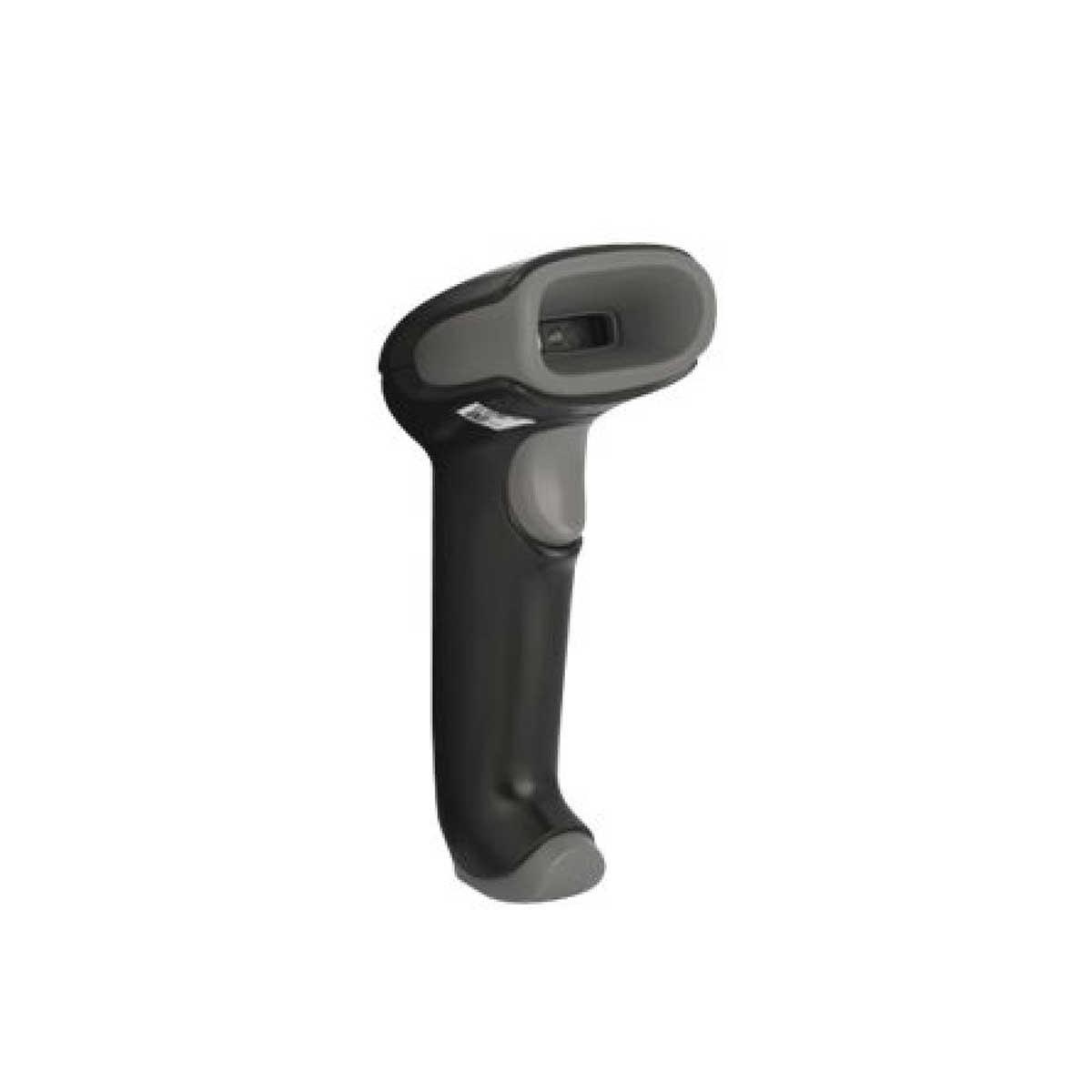 Scanner di codici a barre portatile nero. Ha un'impugnatura e una finestra di scansione.