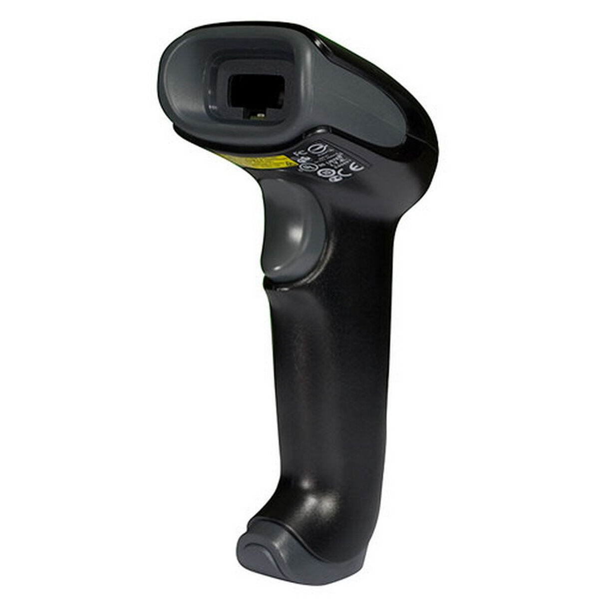 Scanner di codici a barre nero con parte superiore grigia e un pulsante.