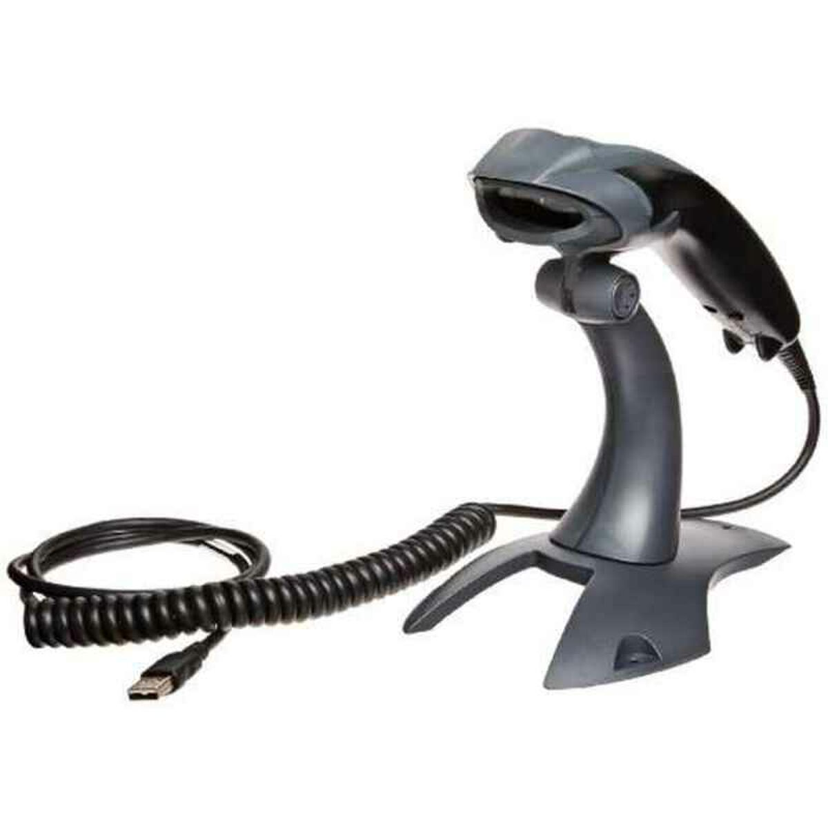 Scanner di codici a barre grigio e nero su un supporto, con cavo a spirale e USB.