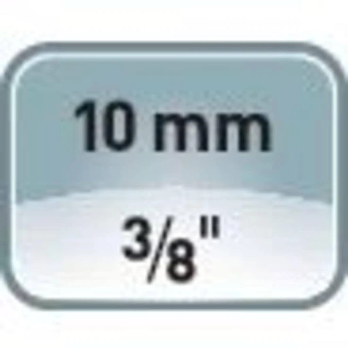 Text mit der Angabe: 10 mm und 3/8". Grauer Hintergrund mit abgerundetem Rechteck.
