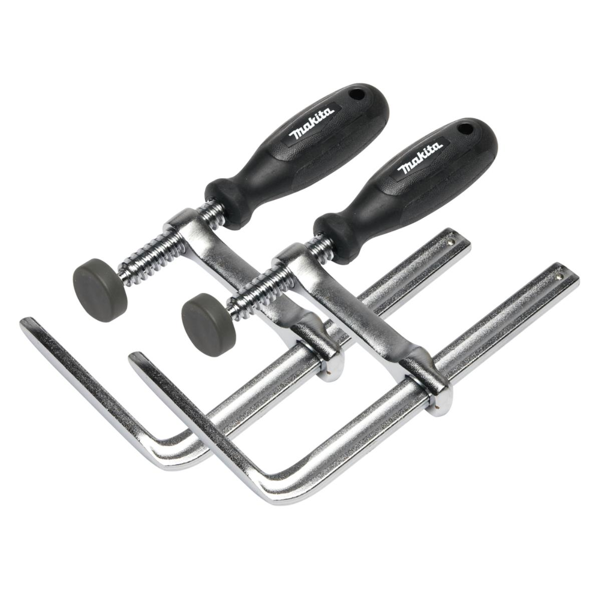 Two Makita clamps on white background. Black handles and silver bars.