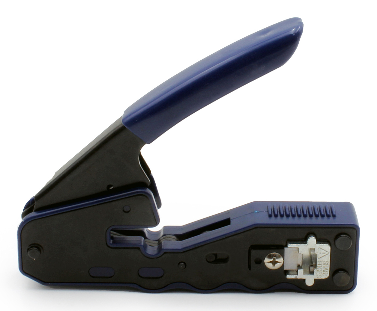 Zaciskarka, niebiesko-czarna. Ma niebieski uchwyt i jest przeznaczona do kabli sieciowych.