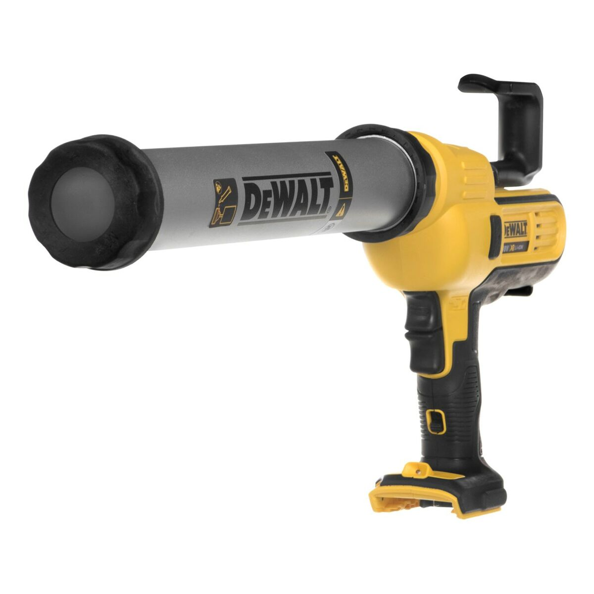 Pistola de calafateo DeWalt amarilla y negra. Tubo plateado, mango negro. Logotipo DeWalt presente.