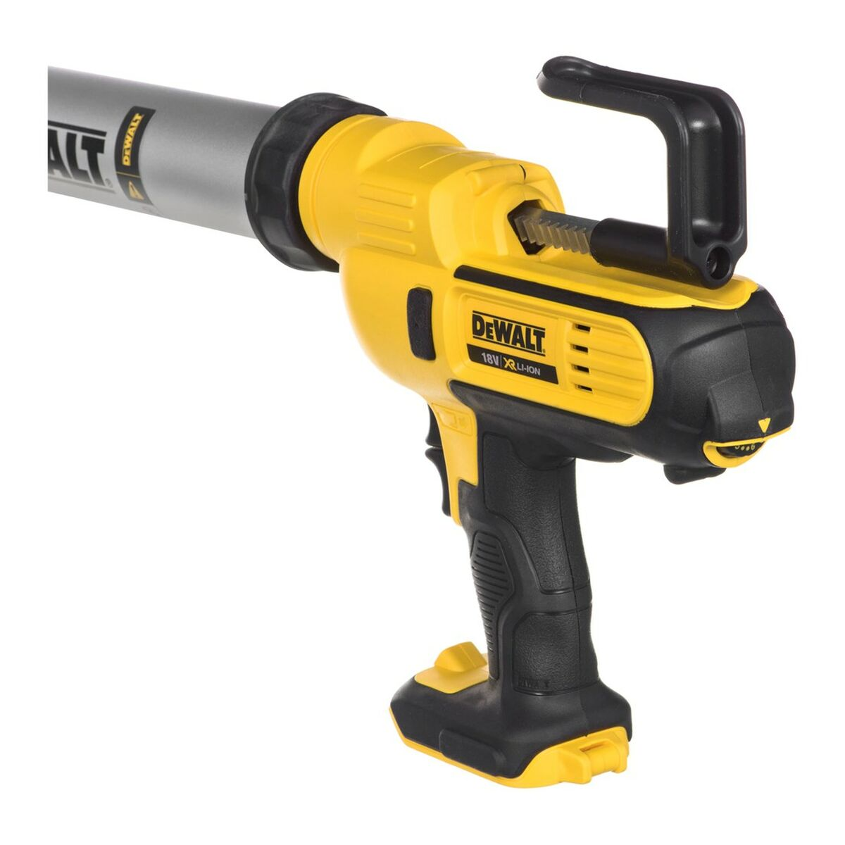Pistola de calafateo DeWalt amarilla y negra. Tubo plateado, mango negro. Logotipo DeWalt presente.