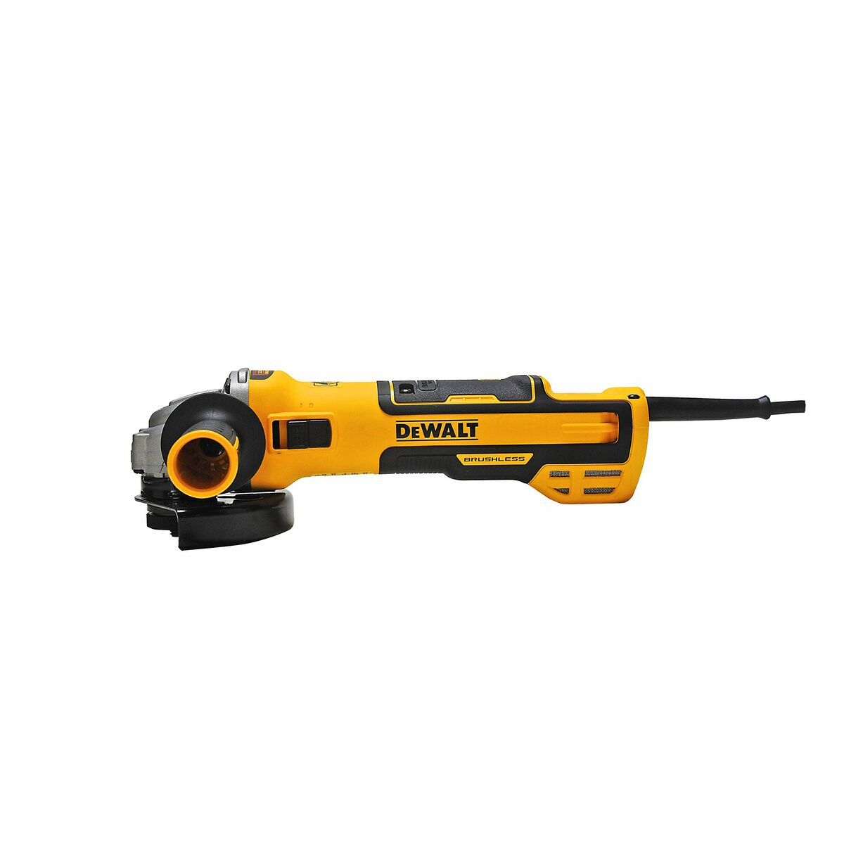 Gelb-schwarzer DeWalt Winkelschleifer. Silberne Schleifscheibe, schwarzer Griff. DeWalt-Logo vorhanden.