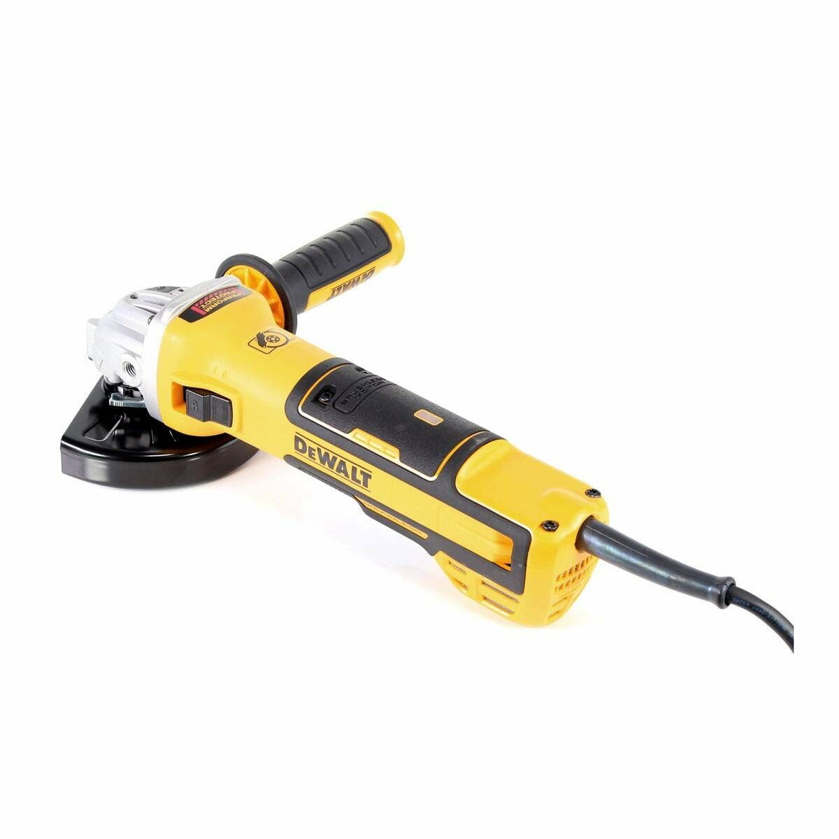 Gelb-schwarzer DeWalt Winkelschleifer. Silberne Schleifscheibe, schwarzer Griff. DeWalt-Logo vorhanden.