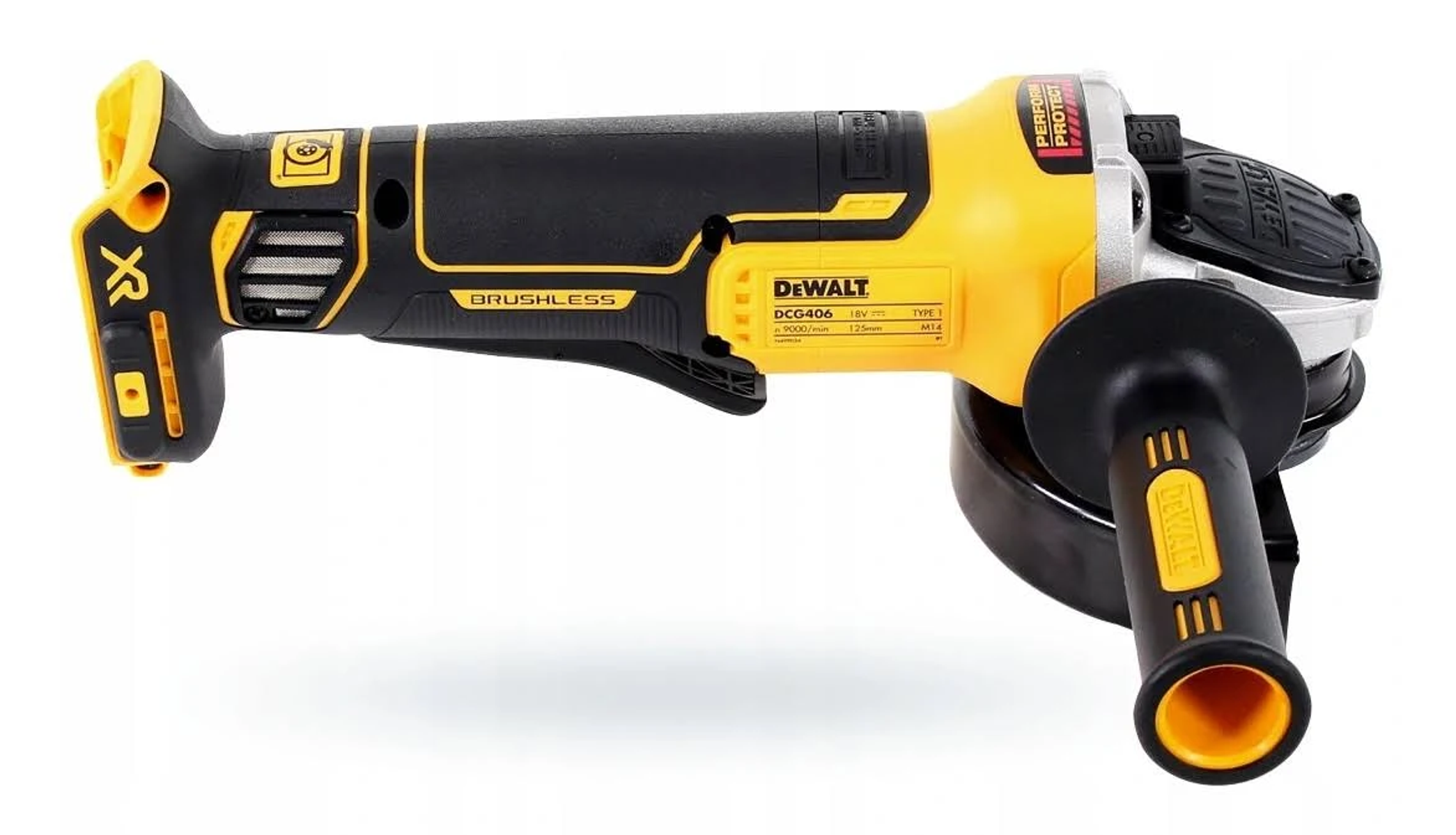 Żółto-czarna szlifierka kątowa DeWalt. Posiada czarny uchwyt i żółte akcenty.
