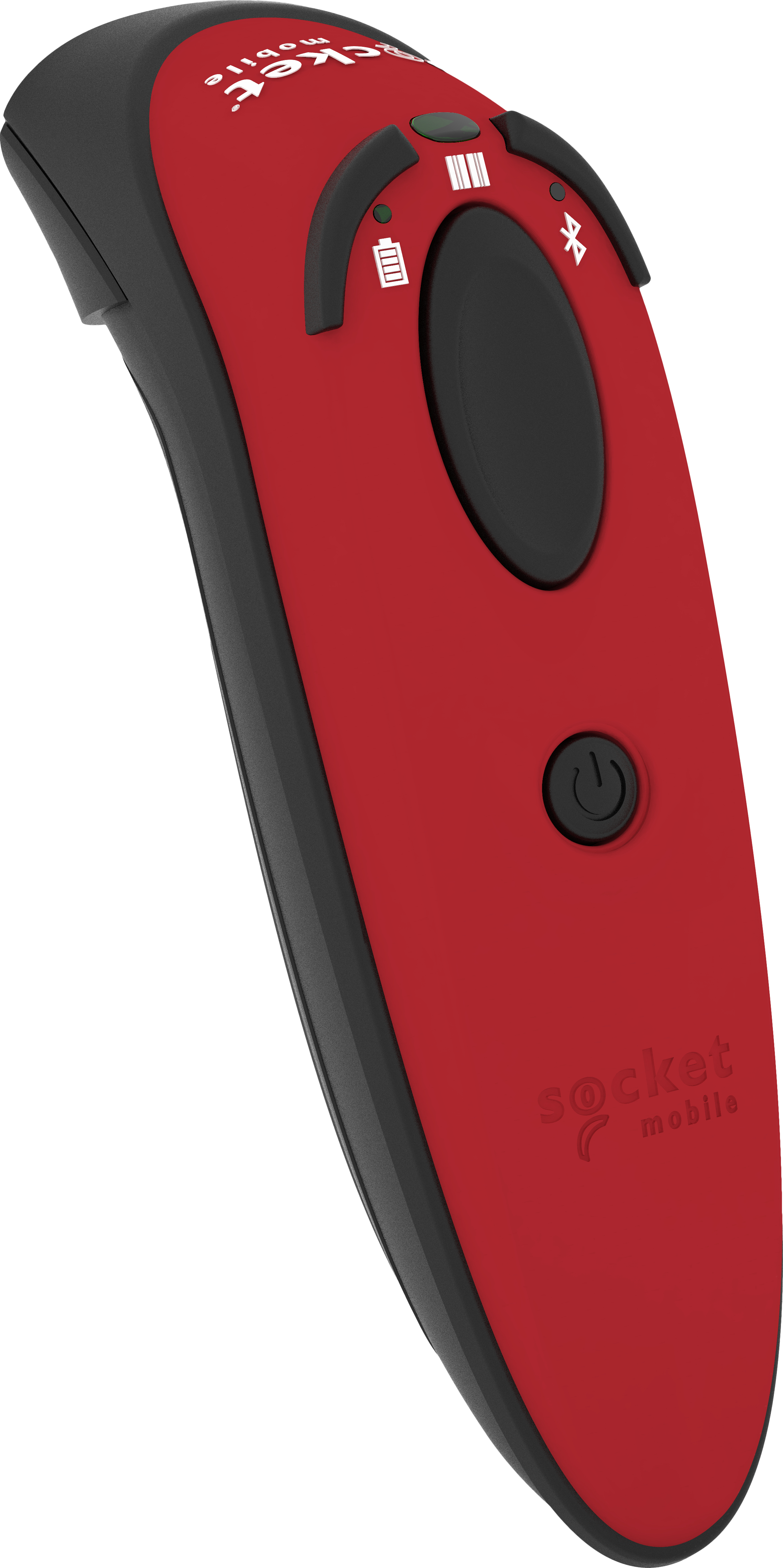 Lettore di codici a barre Socket Mobile rosso e nero con pulsanti e pulsante di accensione. Sfondo bianco.