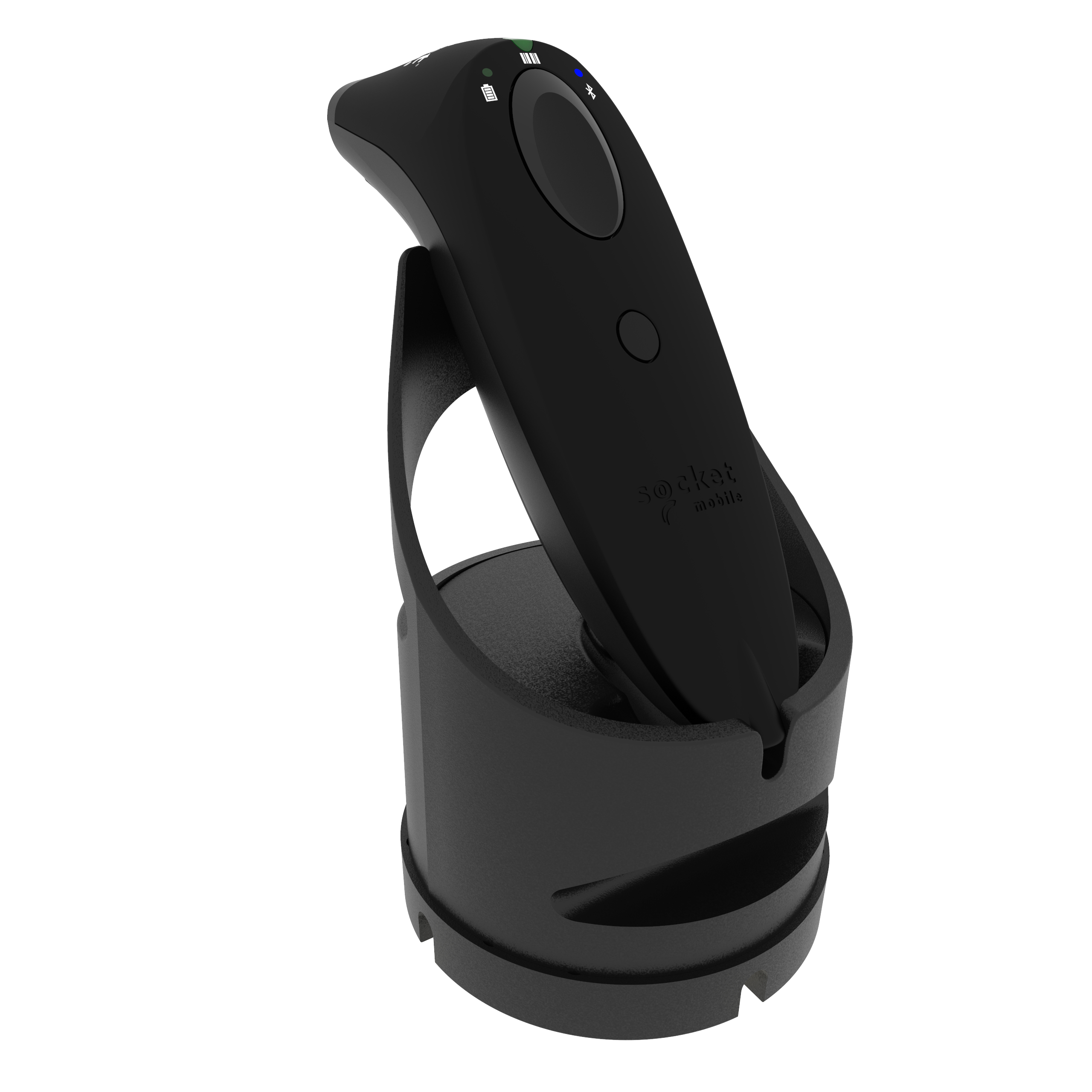 Scanner nero su una base rotonda nera. Lo scanner è nero e ha un pulsante di accensione.