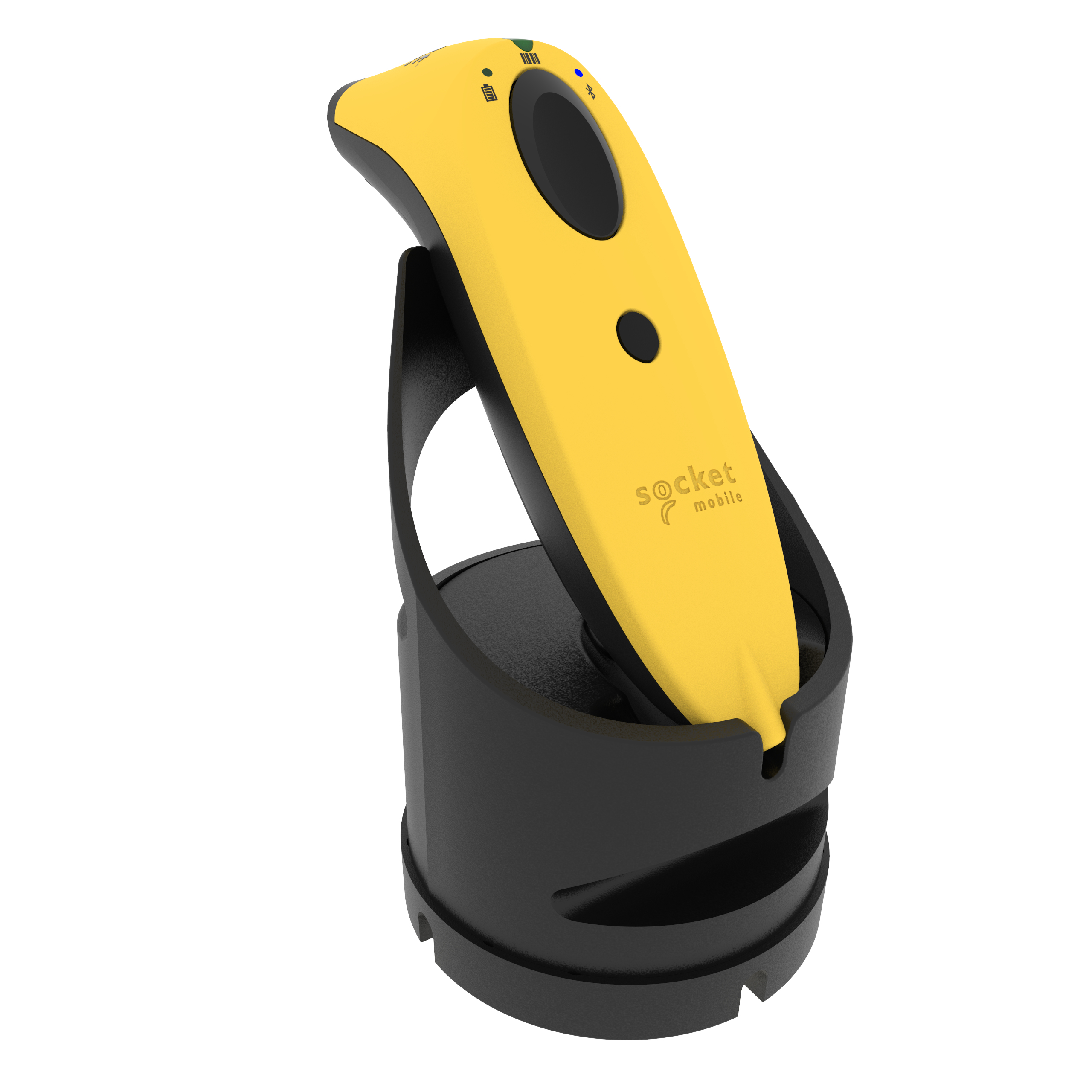 Lettore di codici a barre giallo in base di ricarica nera. 'Socket Mobile' stampato.