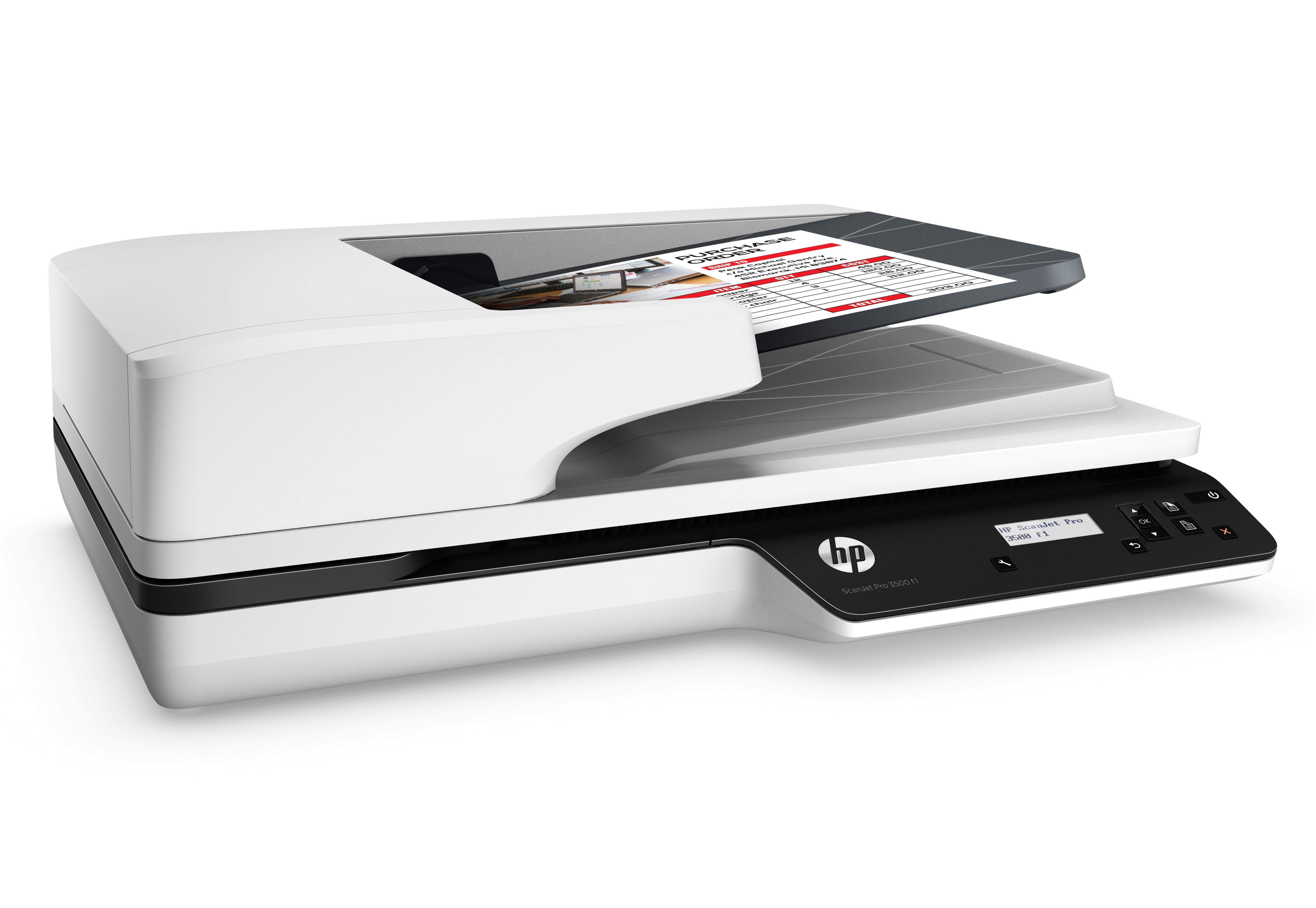 Ein weißer und schwarzer HP-Scanner mit geöffnetem Dokument auf dem Glas.