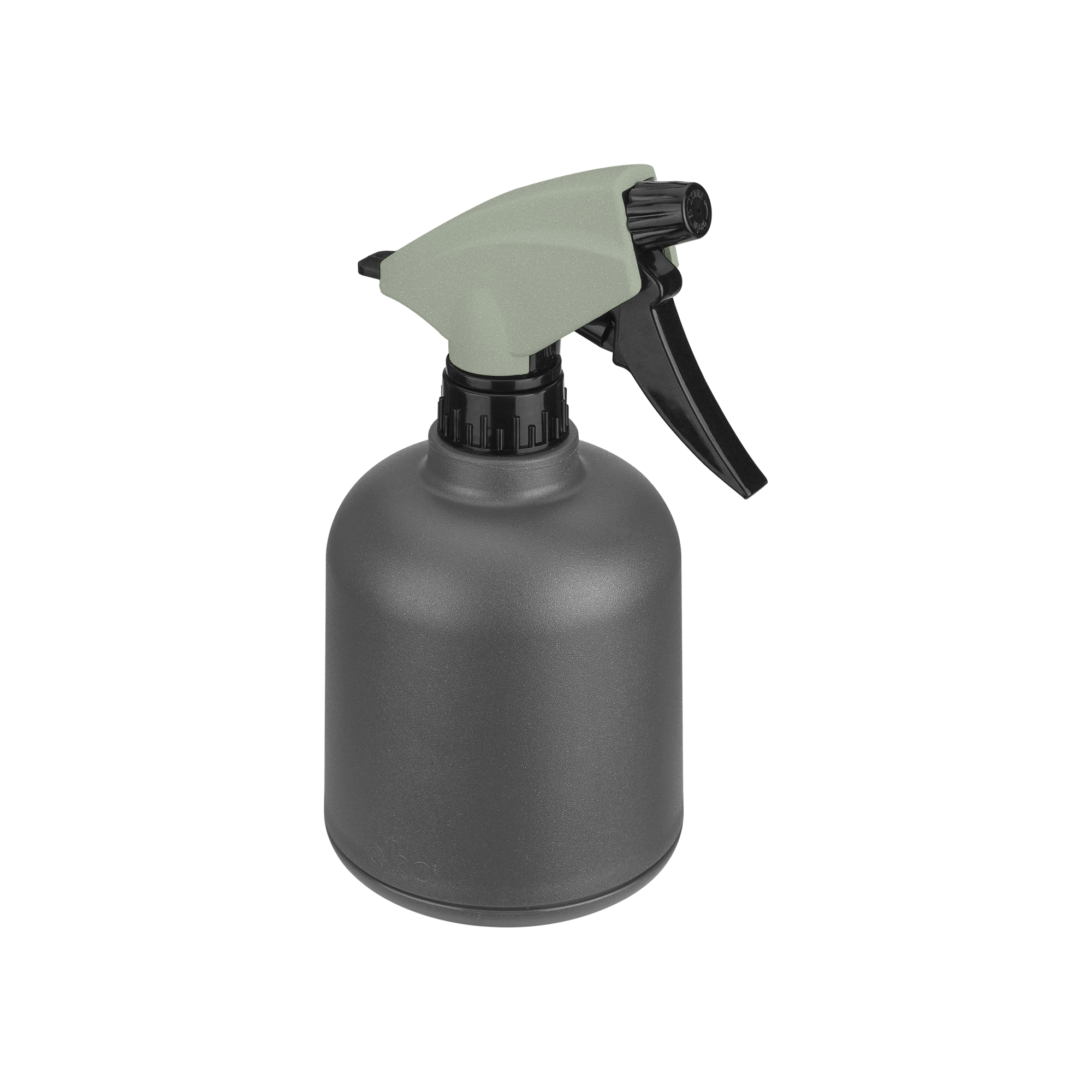 Un flacone spray grigio con grilletto verde e ugello nero.