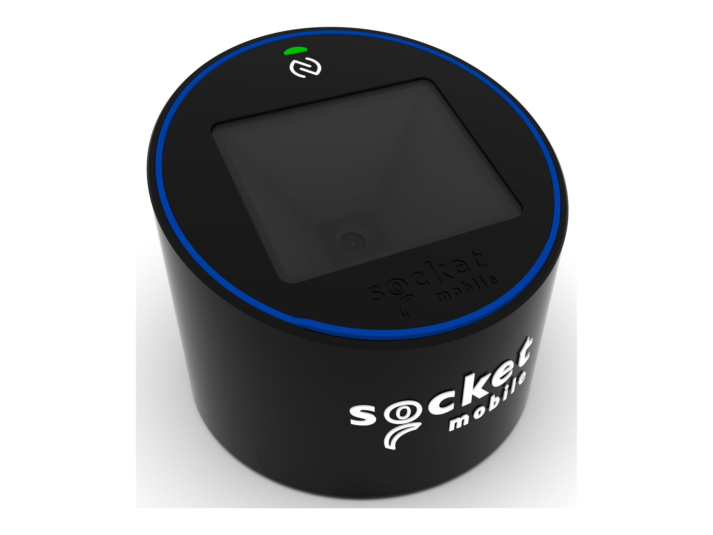 Scanner di codici a barre cilindrico nero con anello blu e logo 'socket mobile'.