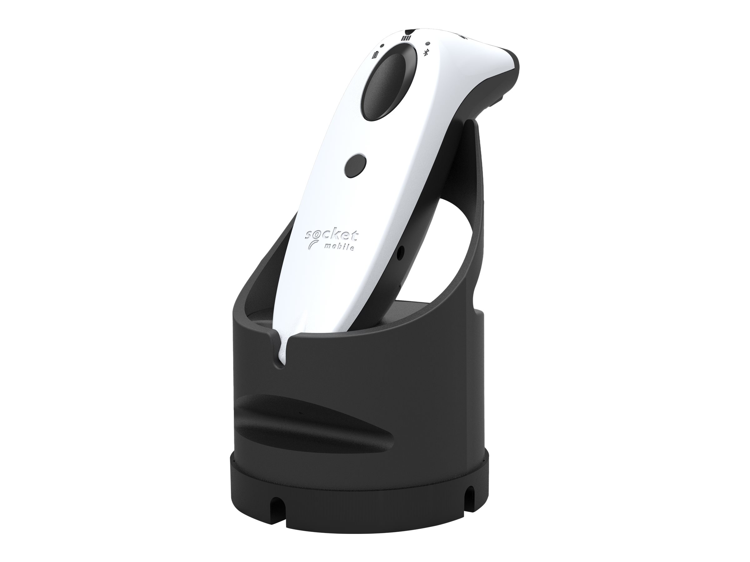 Scanner di codici a barre Socket Mobile bianco e nero nella sua base di ricarica nera.