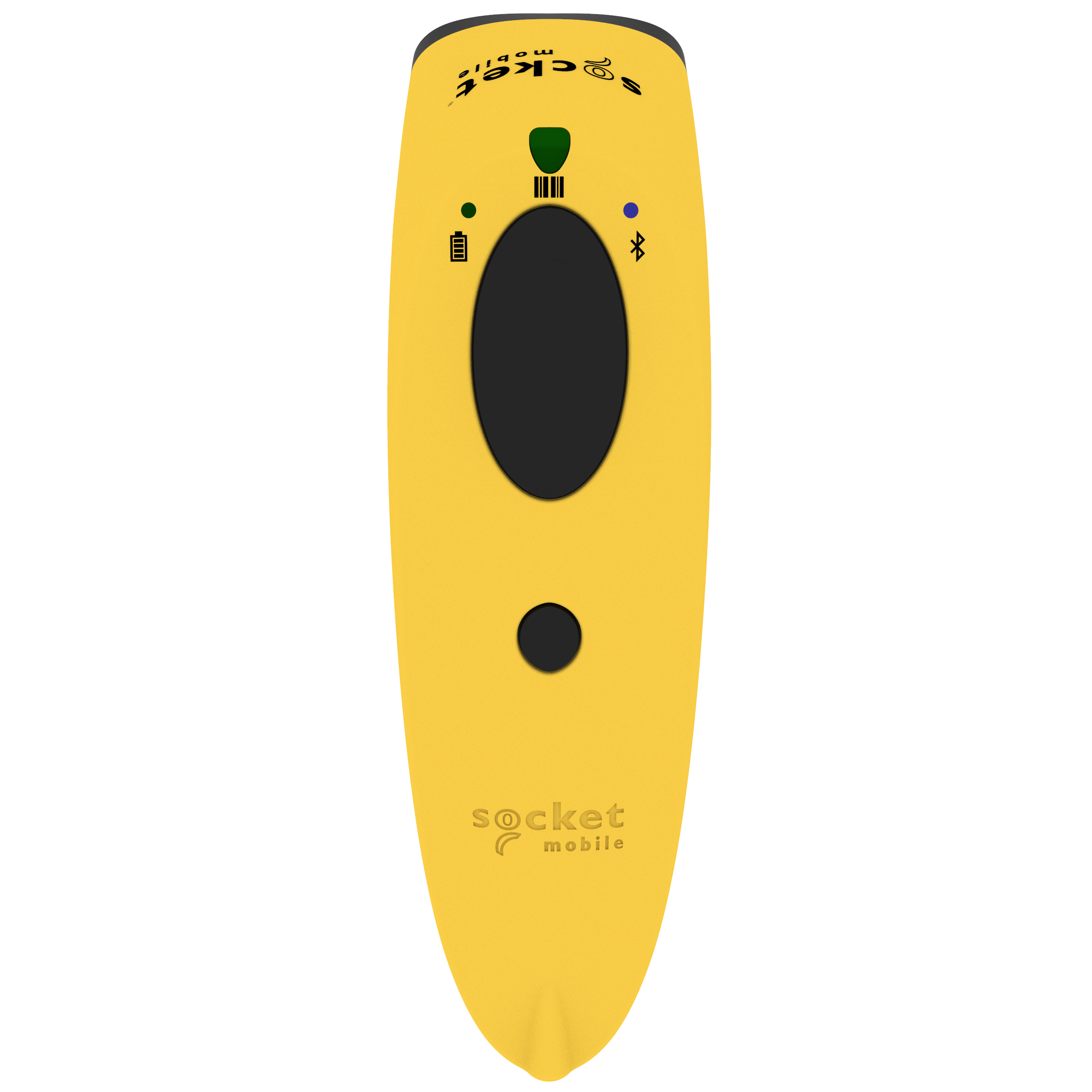 Scanner Socket Mobile giallo. Pulsante e logo neri, luci verdi e blu.
