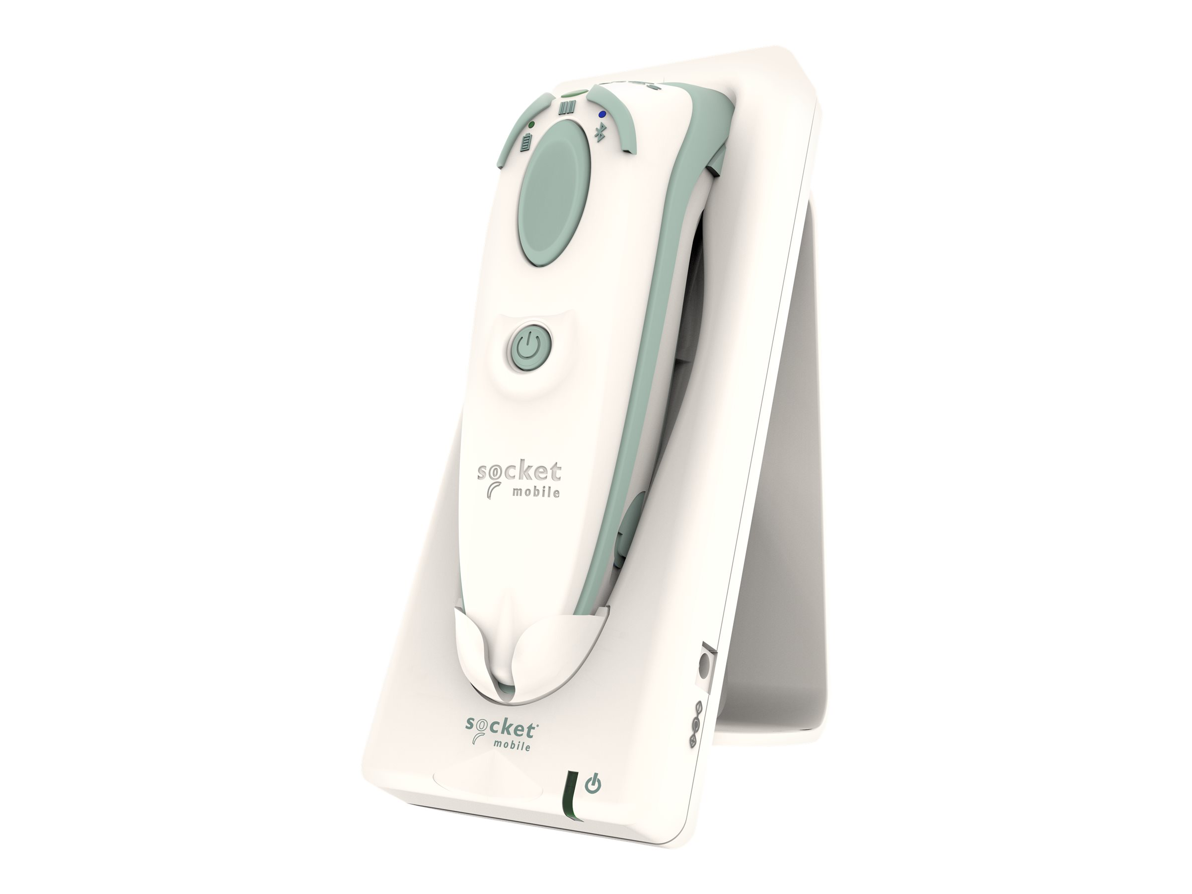 Uno scanner bianco con un pulsante verde e un supporto è isolato su sfondo bianco.