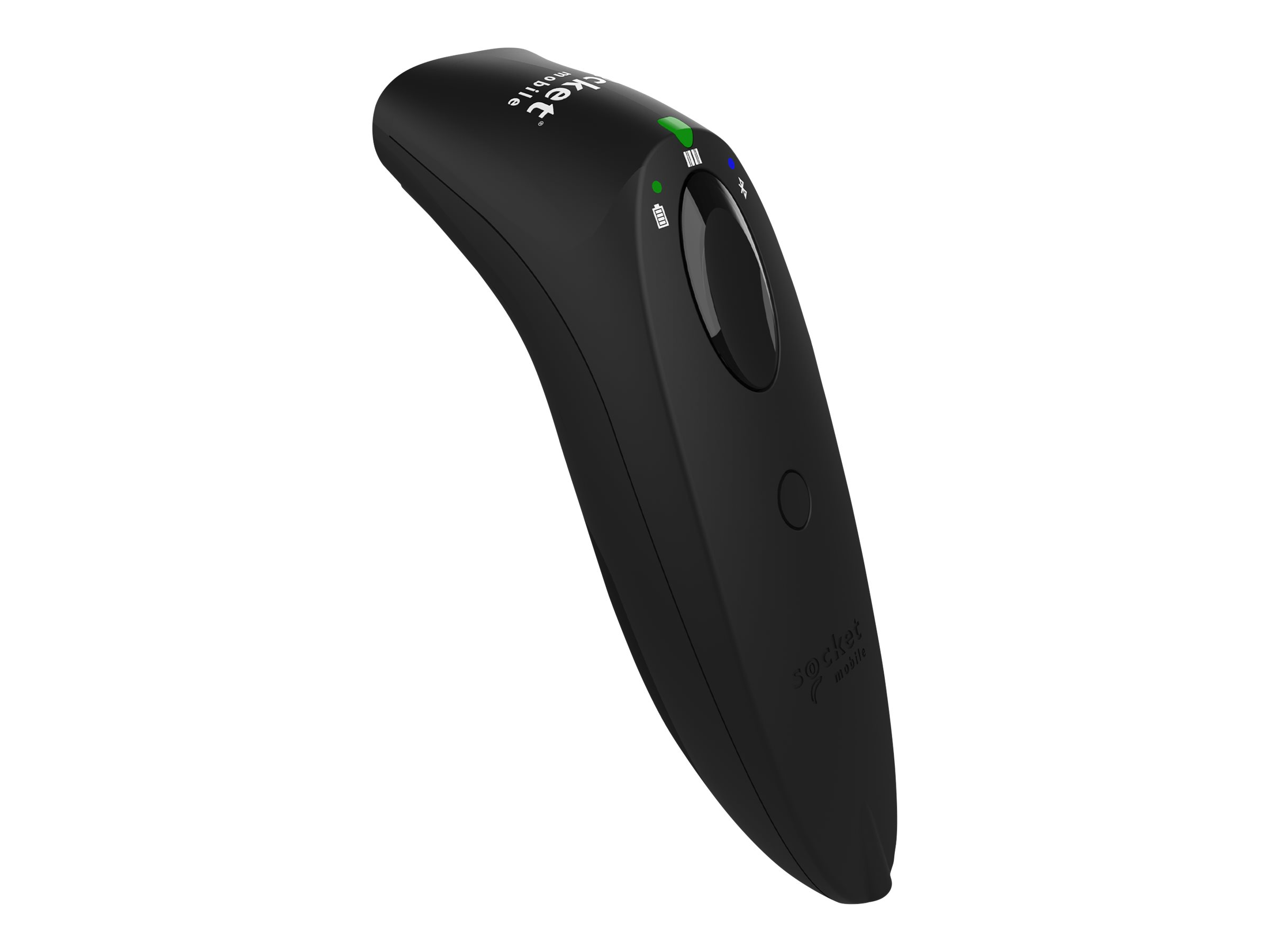 Scanner Socket Mobile nero. Ha pulsanti e luci. Visibile il nome del marchio.