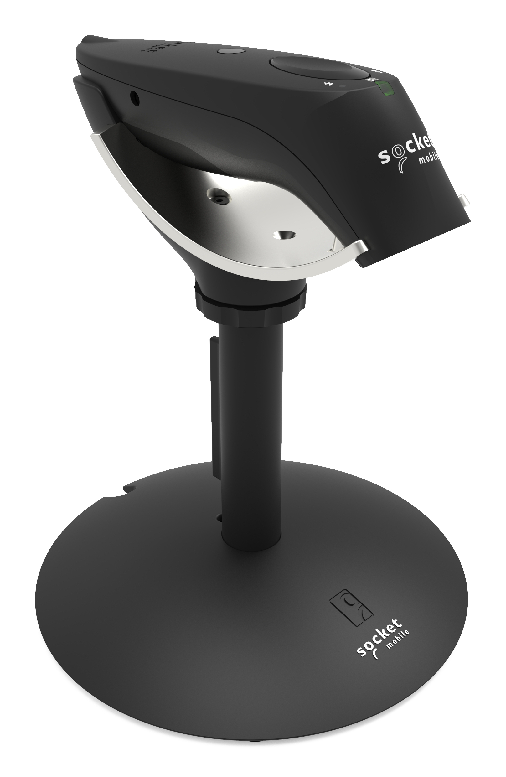 Uno scanner Socket Mobile nero su un supporto nero. Sfondo bianco.