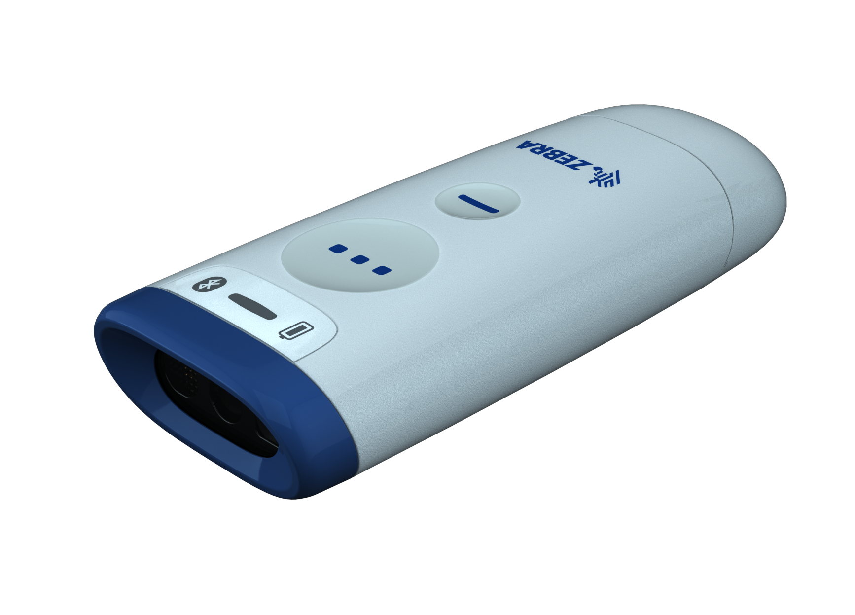 Scanner portatile blu e bianco. Ha un logo Zebra e un simbolo Bluetooth.