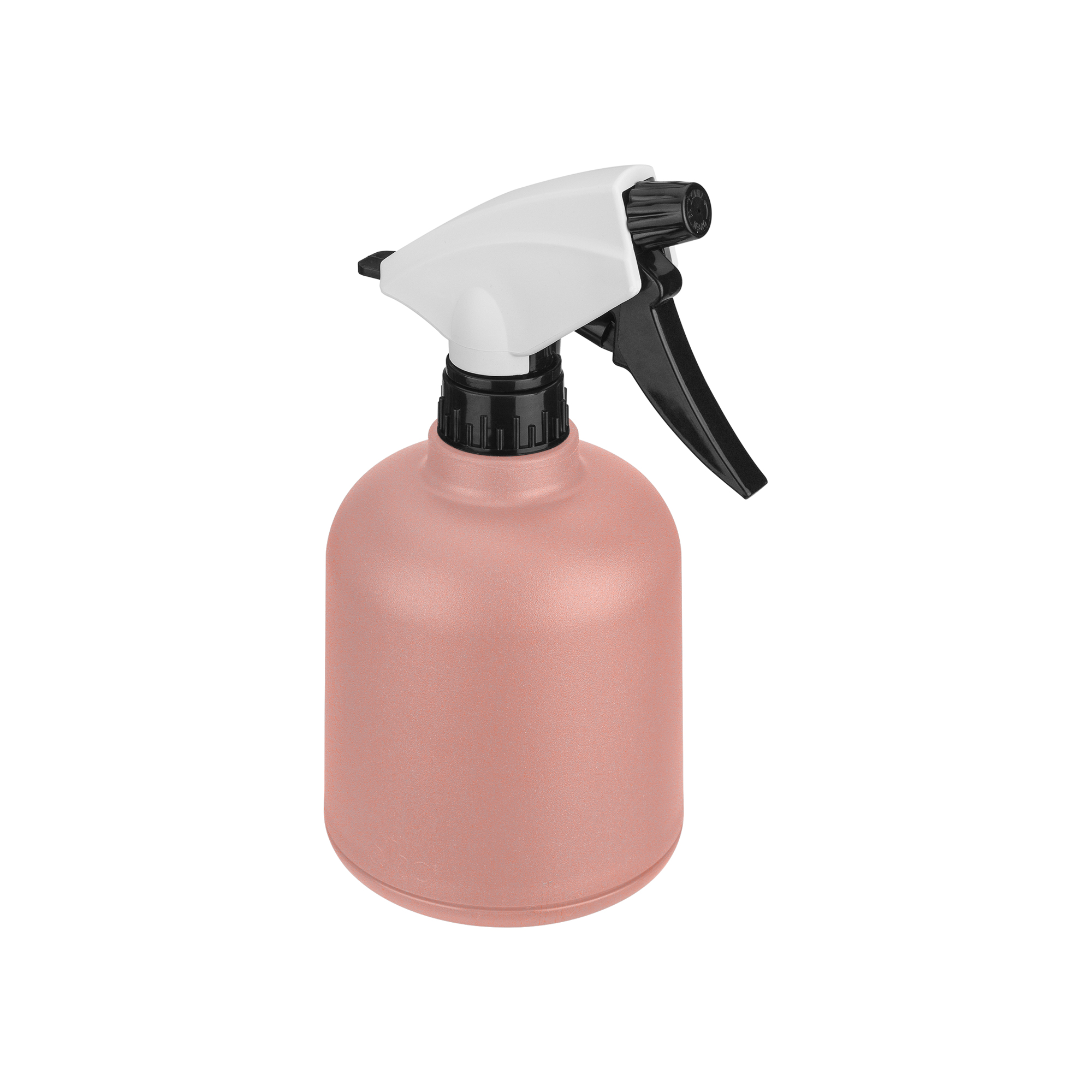 Ein rosa Pflanzensprüher mit weißem Auslöser und Düse auf weißem Hintergrund.