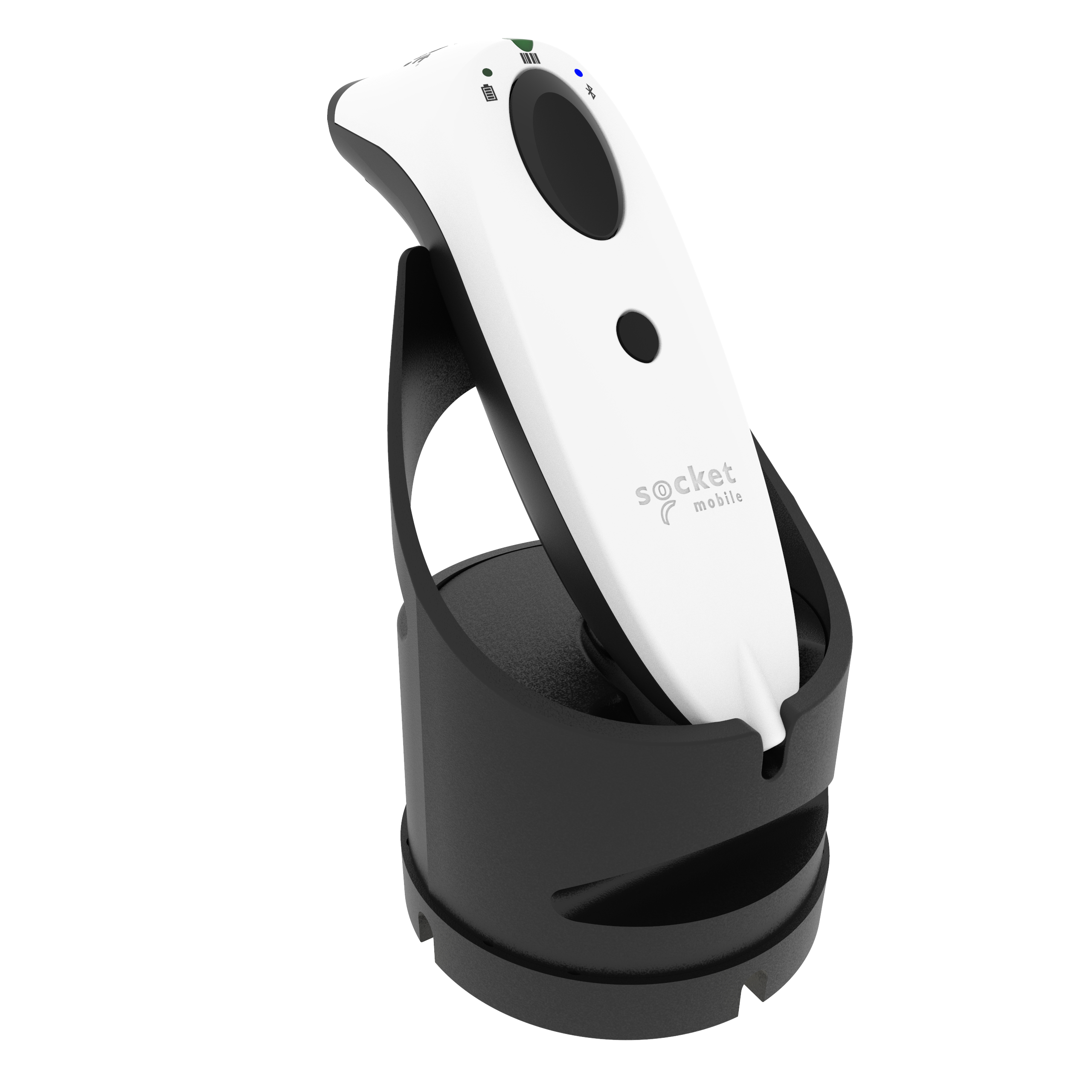 Uno scanner Socket Mobile bianco in una base di ricarica nera. Sfondo bianco.