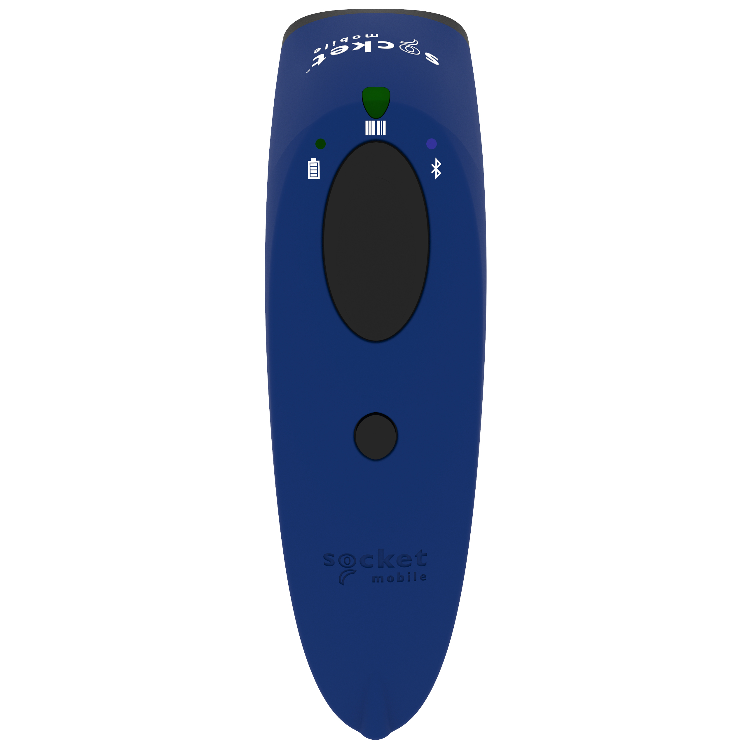 Scanner Socket Mobile blu. Pulsante e logo neri, luci verdi e blu.