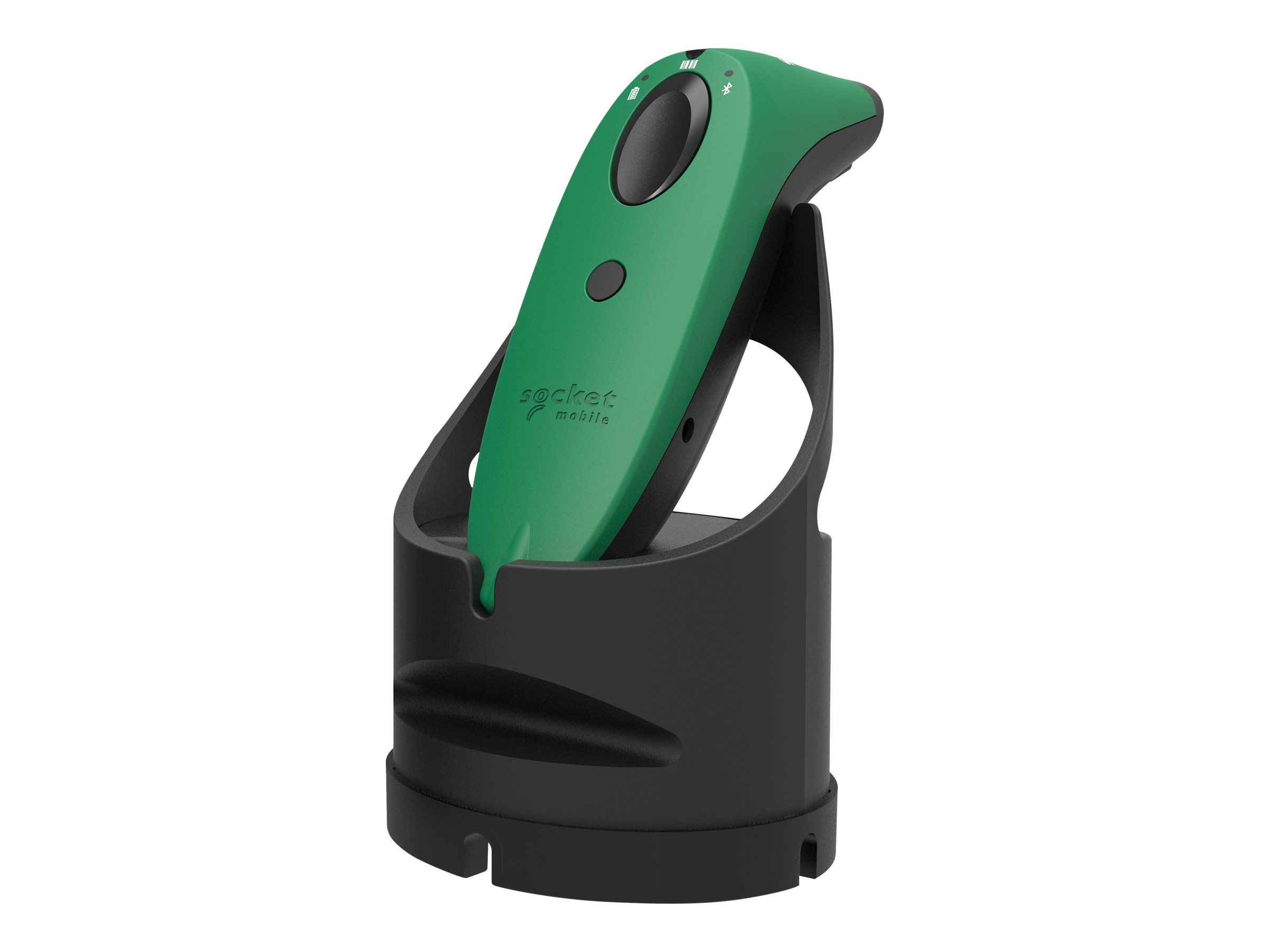 Scanner di codici a barre verde in un supporto nero, con il logo 'socket mobile'.