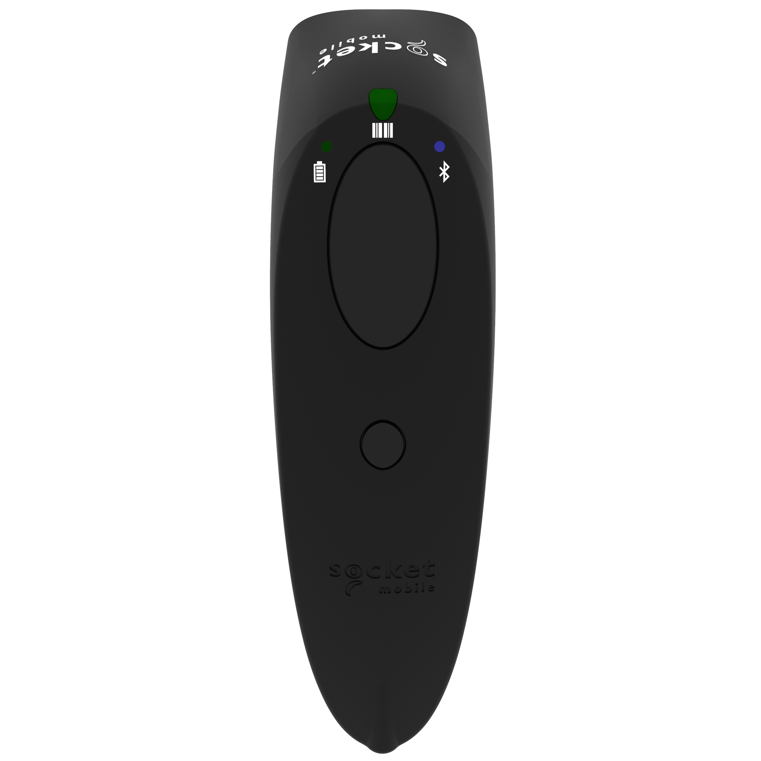 Lettore di codici a barre Socket Mobile nero con pulsanti. Sfondo bianco.