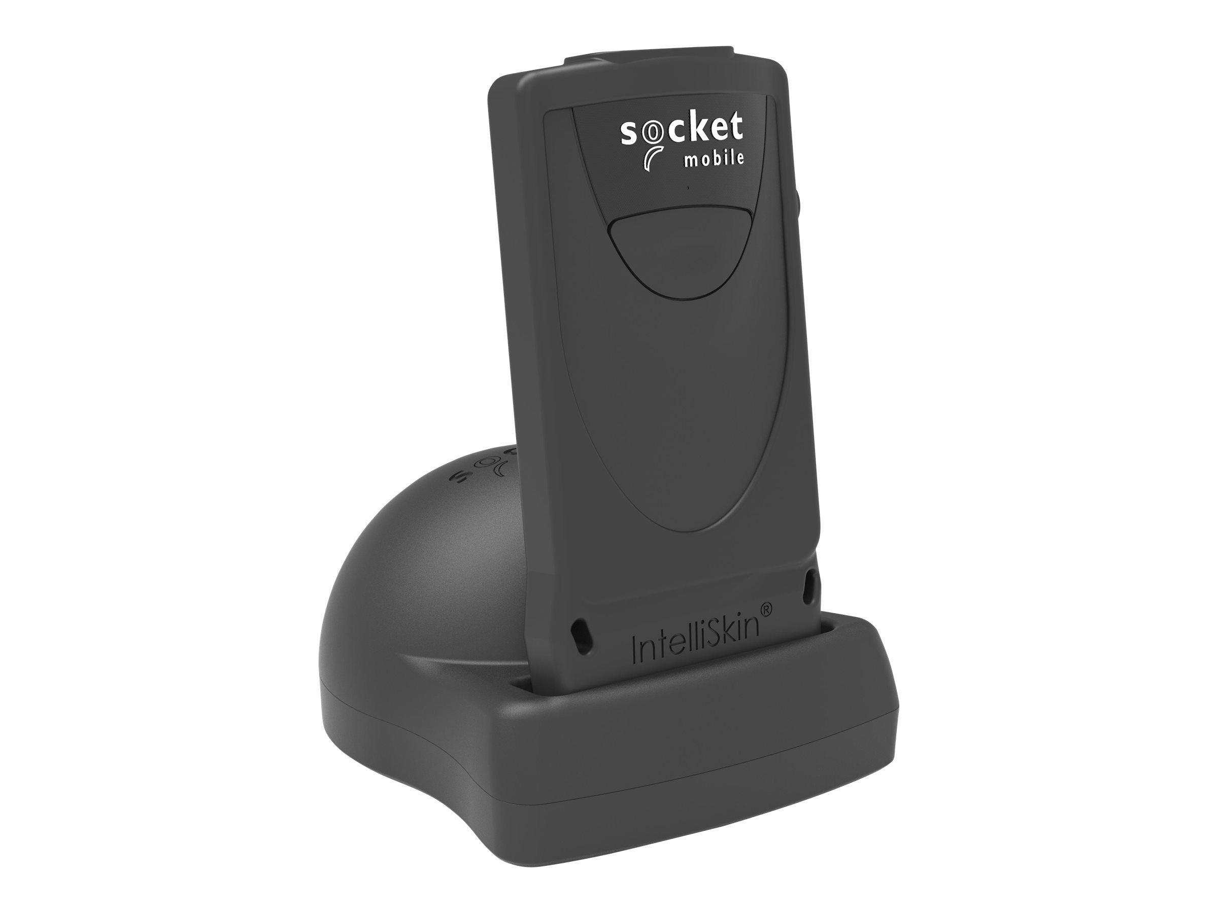 Base di ricarica Socket Mobile nera con custodia del telefono, sfondo bianco.