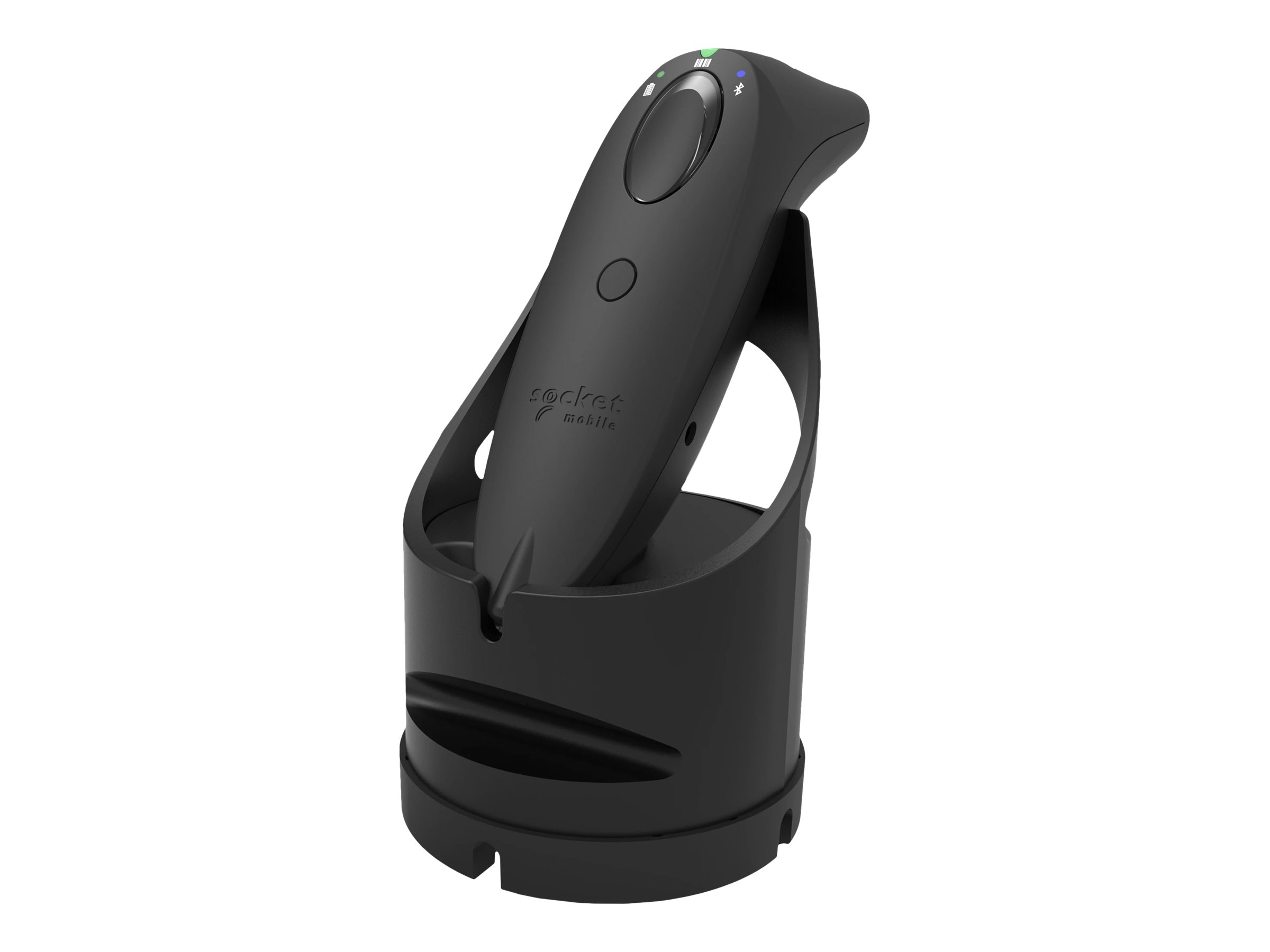 Scanner per codici a barre nero in una base di ricarica nera. La base è su sfondo bianco.